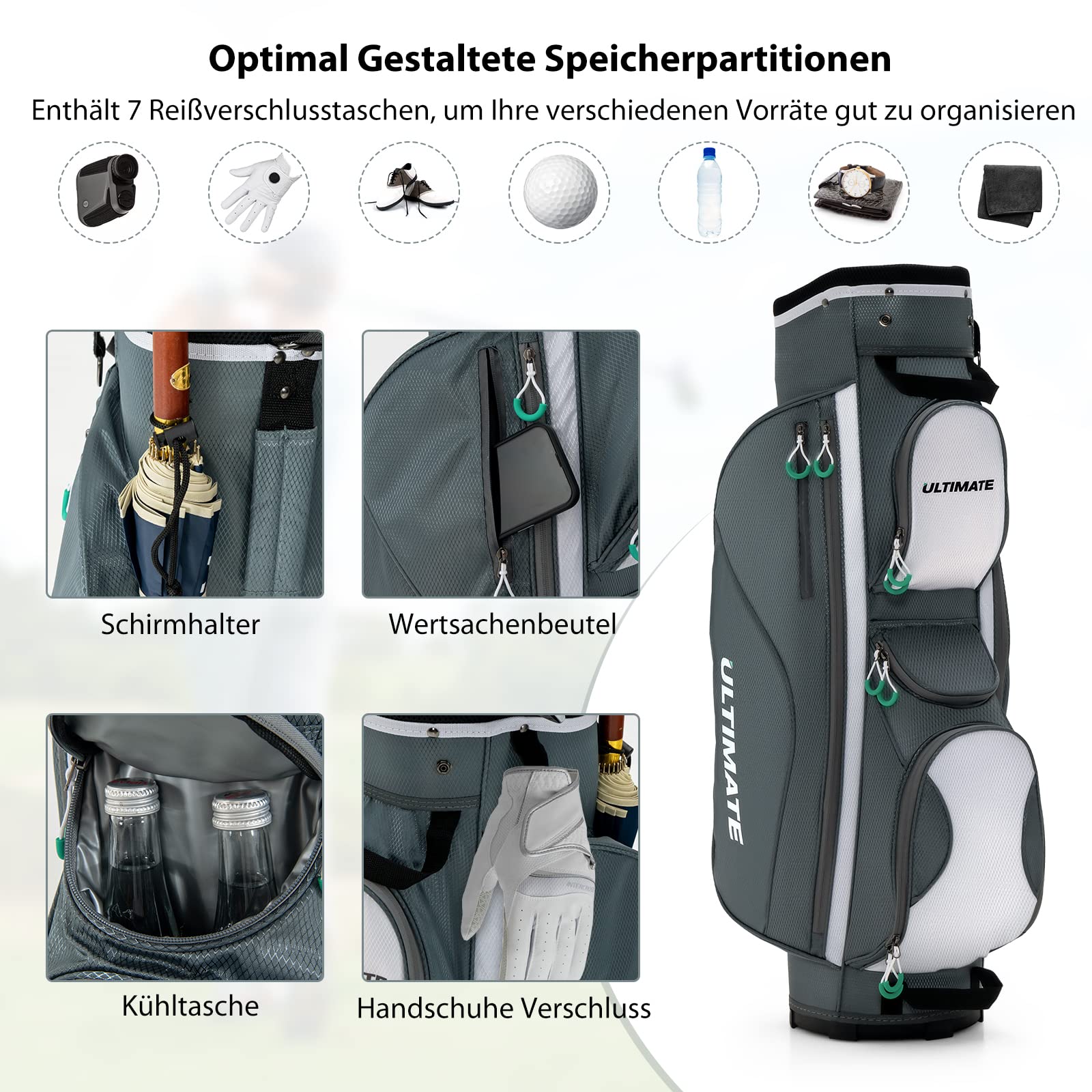 COSTWAY Golfbag, leichtes Golf Cart Bag, mit Regenhaube, 14er Einteilung von Schlägerfach, auch zur Nutzung auf Golf Trolley und Golf Cart, 7/8 Reißverschlusstaschen