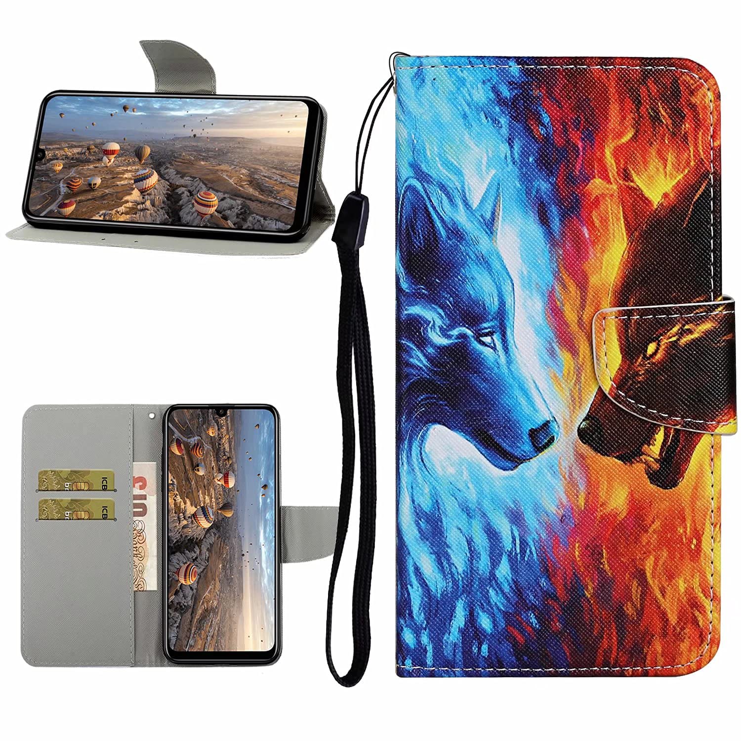 Miagon Full Body Wallet Case for Samsung Galaxy A03S,Pu Leather Protective Flip Cover with Wrist Strap ID Card Holder Magnetic Closure,Fire Wolf