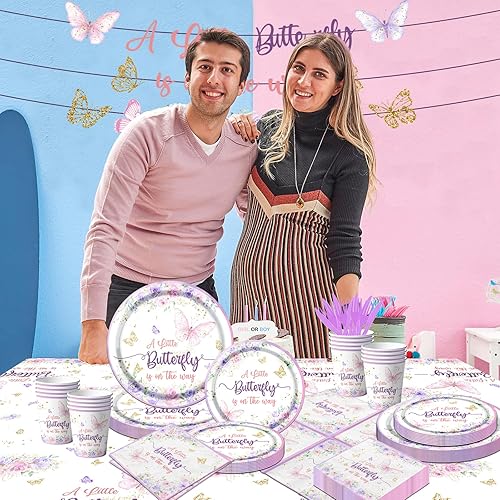 Miniatura 2 de Juego de vajilla de mariposa para baby shower, con diseño de mariposa con texto en inglés A Little Butterfly Is On Her Way (Una pequeña mariposa
