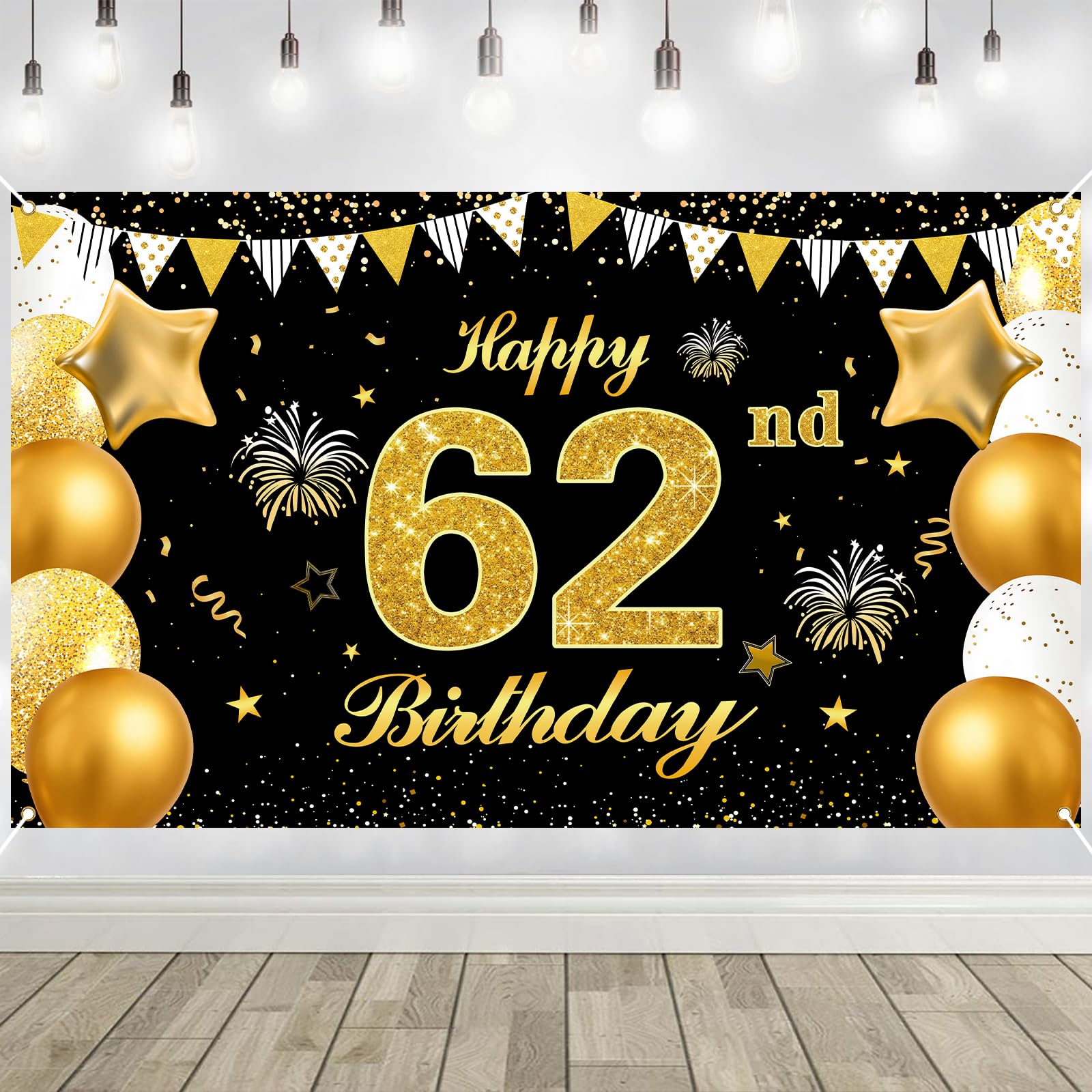 62nd Birthday Decorations Banner Gold Black Happy Birthday Door Banner for Party Photo Backdrop for Men Women Home Outdoor Cover Party Decoration Supplies Poster — image 1