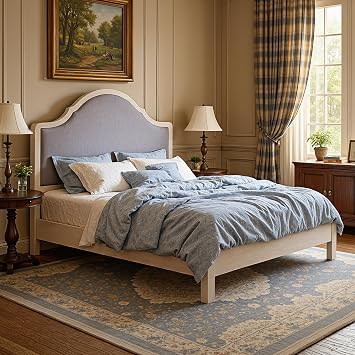 Jocisl Size Bed Frame with Tall Upholstered Curved Headboard, Solid Wood Platform Bed, No Box Spring Needed, Wood Slat Support, Easy Assembly, White