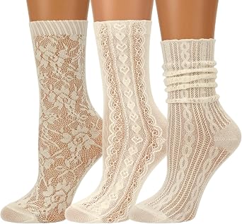 6 Pairs of Lace Crew Socks for Women, Sheer Socks with Design by Daisy&Dino