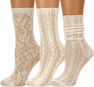 6 Pairs of Lace Crew Socks for Women, Sheer Socks with Design by Daisy&Dino