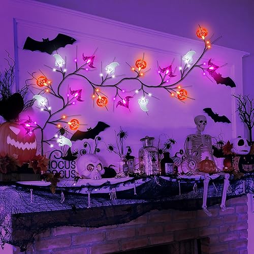 Miniatura 2 de Temporizador guirnalda de decoraciones de Halloween de 6 pies con luces de fantasma, murciélago y calabaza, 8 modos, impermeable, funciona con