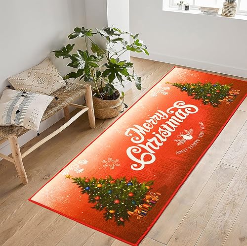 Deerhoo Alfombra de pasillo de Navidad lavable a cuadros, alfombra de cocina de Navidad, alfombra lavable para sala de estar, alfombras de piso de