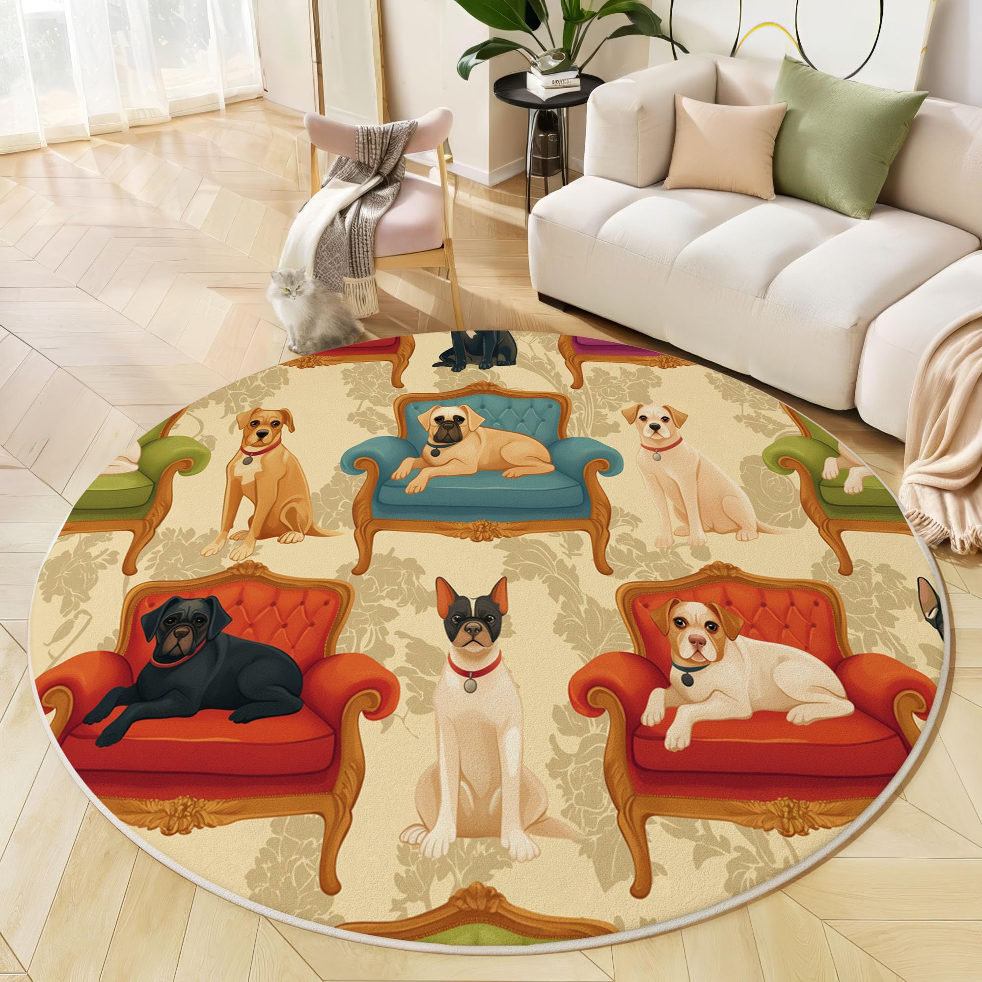 Tapis salon rond esthétique victorienne beige finitions soignées moquette ronde 80 cm