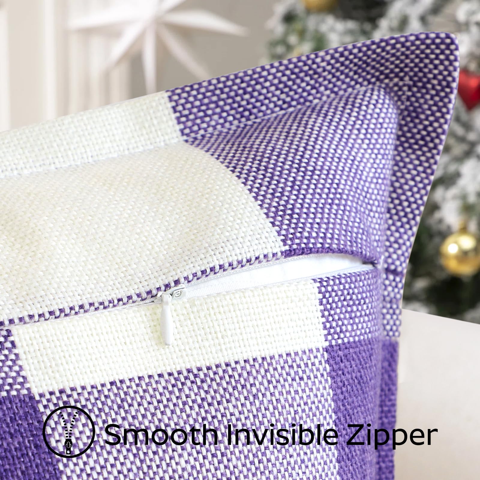 Sungeek Buffalo Check Plaid Cushion Covers 60 x 60 Set of 2 Linen Christmas Tartan Decorative Square Pillow Covers with Stitched Edge for Sofa Couch Bed Living Room 24x24 Inch (Purple) - Image 3