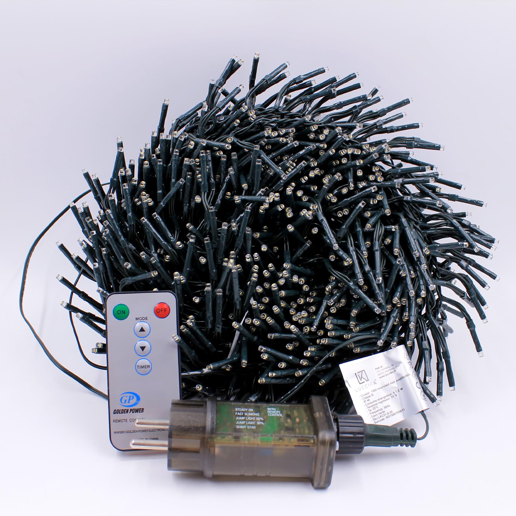 Luccika, Cluster-Lichterkette, Gold, 20 Meter, 1000 LEDs, Ø 3 mm, Lichterkette für Weihnachtsbaum, 4 Lichteffekte, Fernbedienung, Timer, grünes Kabel IP44, Verwendung im Innen- und Außenbereich