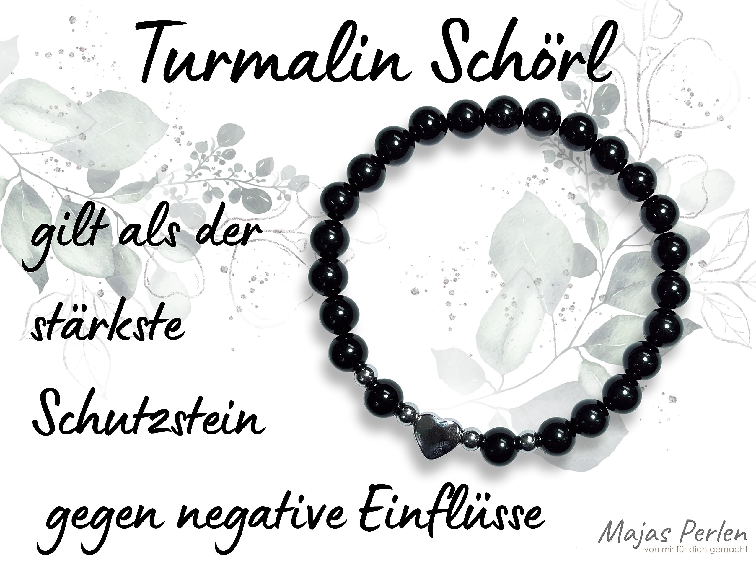Turmalin Armband mit Schwarzen Perlen 6mm - Herz Edelstahl Silber Gold Roségold oder Ionisiert - Edelstein nach Wunsch - Handmade Personalisierbar