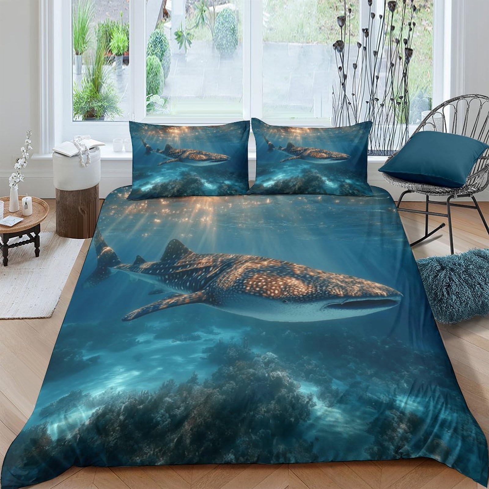 Ctjqhvkz Style-6 3D Printed Shark Ocean Fitted Sheet Microfiber Soft Navy Blue Underwater Mattress Cover Bedroom Decor Single（135X200cm）
