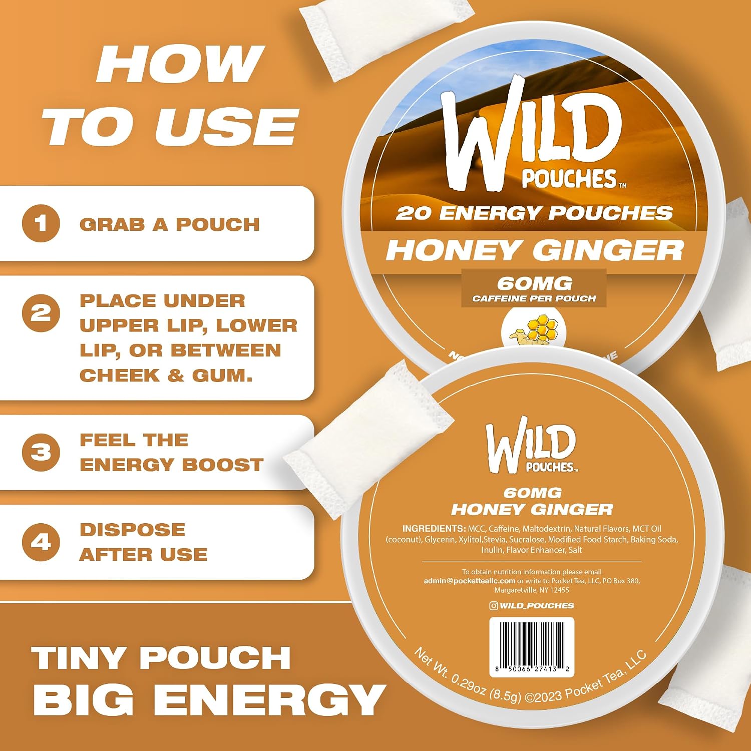 Wild Single 60mg Caffeine Pouches Nicotine Free Honey Ginger - 20 x Energy Pouches - Caffeine Pouch