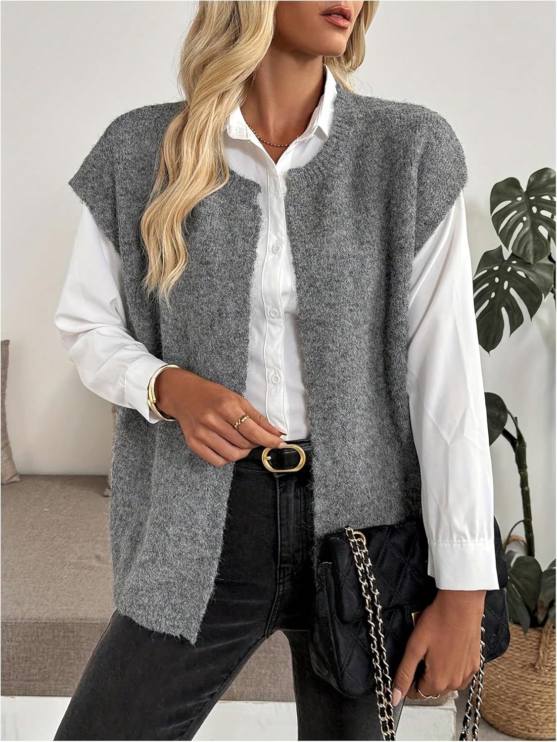 Verdusa Women's Old Money Open Front Fuzzy Cardigan Sweater Elegant Cap Sleeve Cozy Knit Fall Outerwear - Image 5