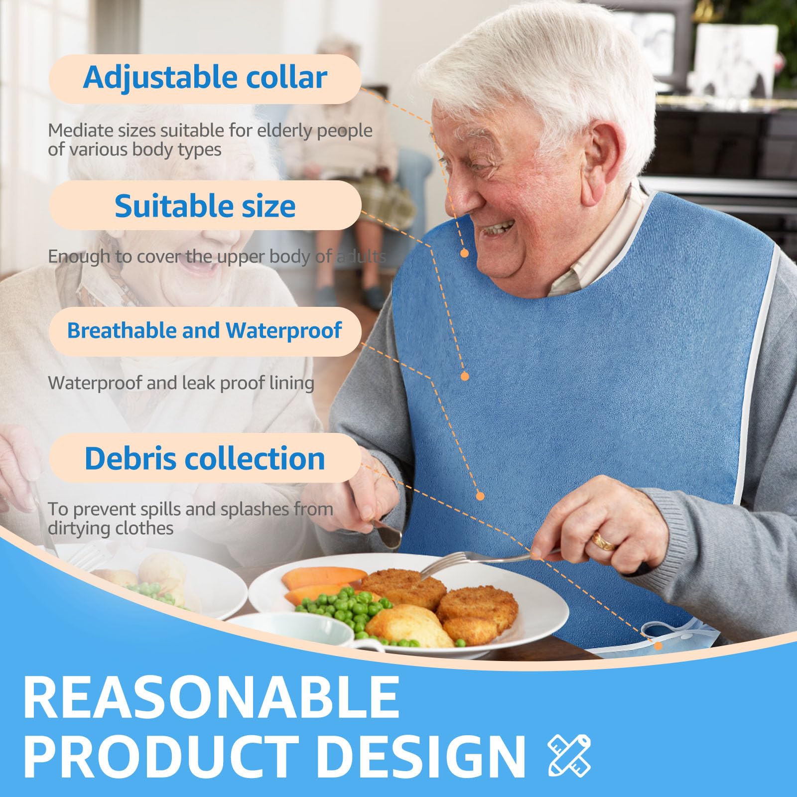 3 Pack Adult Bibs for Men and Women, Reusable Terry Bibs for Elderly Senior, Washable Clothing Protector, Lightweight Adult Feeding Bibs with Double Snap Buttons for Men, Women, Elderly Seniors