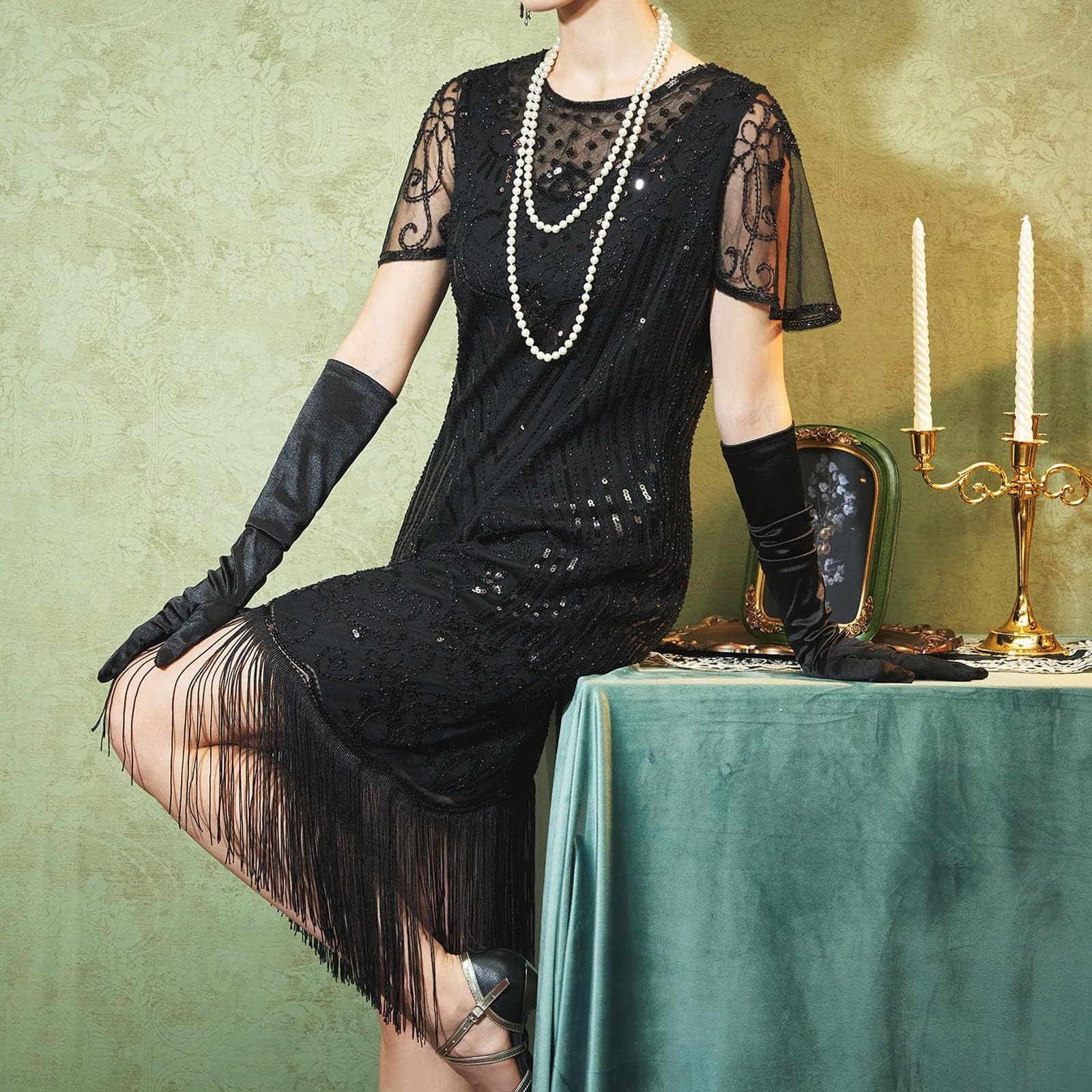 Generisch Robes années 1920 pour femme - Robe à franges et paillettes - Élégante robe de cocktail vintage - Robe en maille surdimensionnée pour fête Gatsby