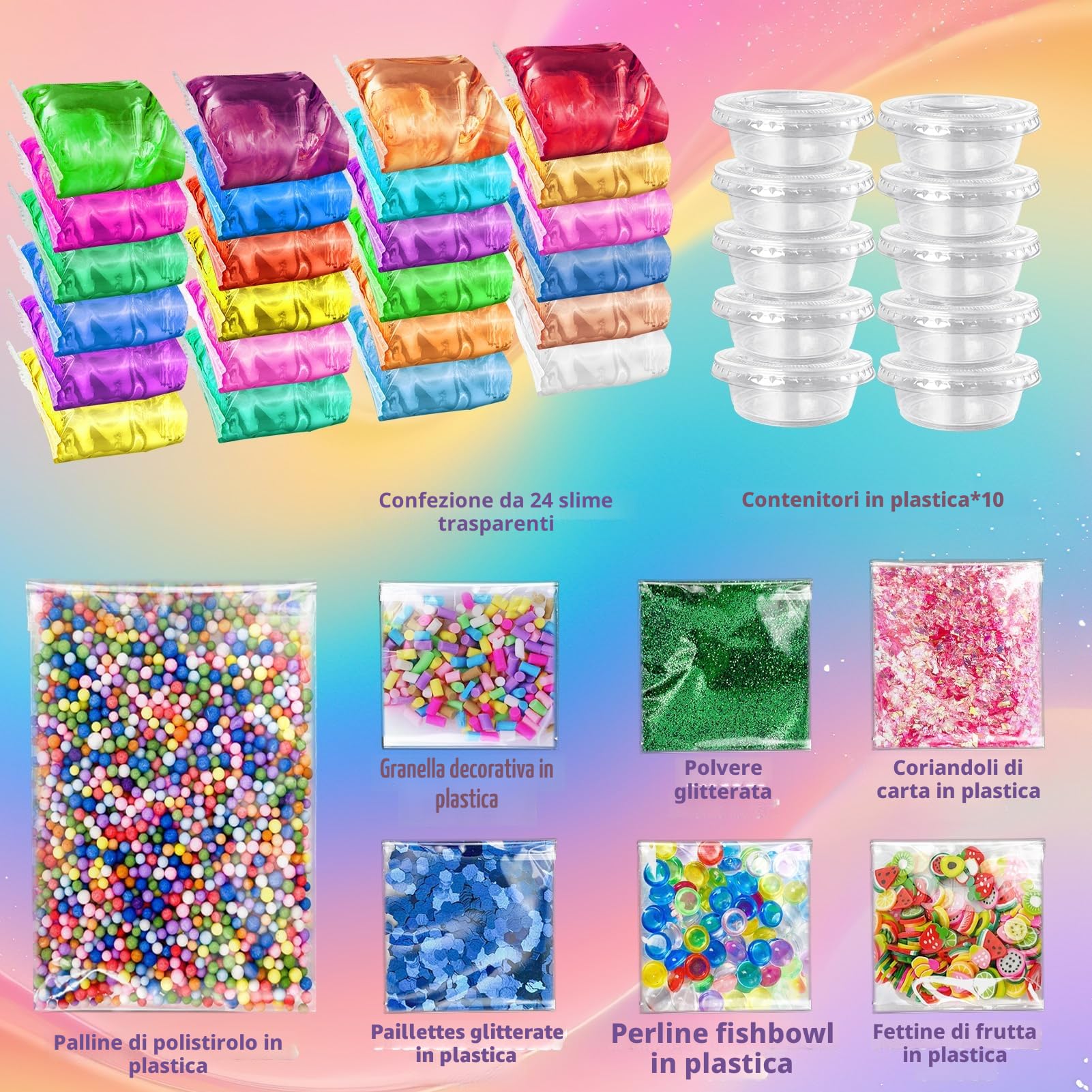 24 Colori DIY Slime Kit Slime Making per Ragazze, Crystal Clear Slime, Glow in The Dark Slime con Sfere di Schiuma Aggiuntive, Charms, Glitter, Giocattolo Regalo per Bambini