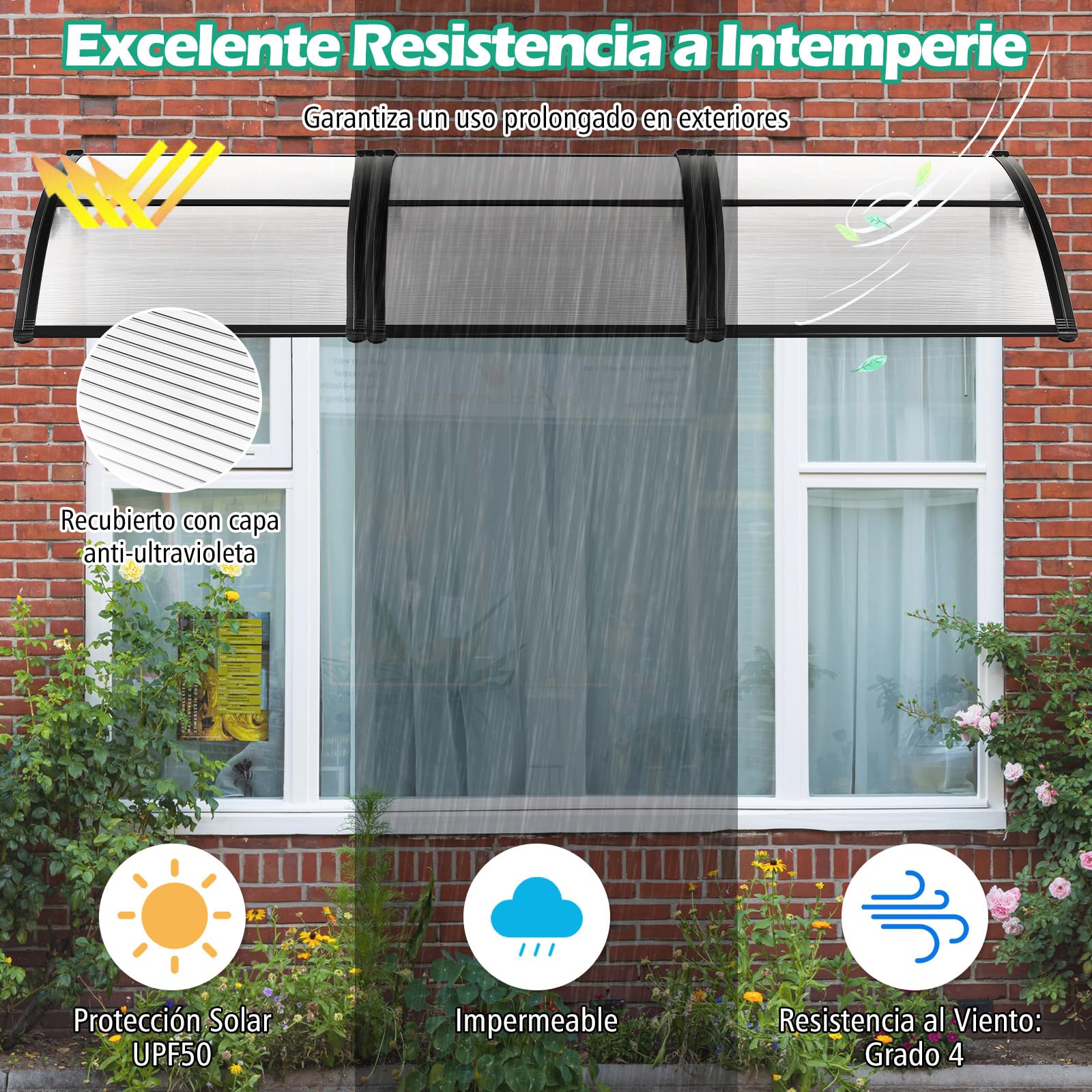 COSTWAY Marquesina Puerta Exterior 150 x 100 CM, Tejadillo de Protección Lluvia Nieve Viento Protección Solar, Tejadillo de Exterior (Gris, 150x100 cm)