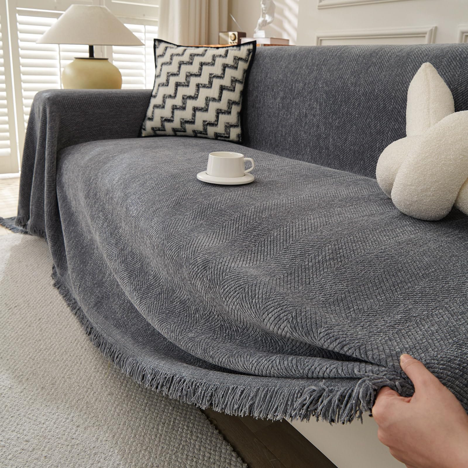 TAOTAOGO Chenille Sofa Large Throw Blanket For 1 Seater Extra Large Throws for Sofa, Soft Throw for Chair Couch and Bed Throw C Grey 180x150