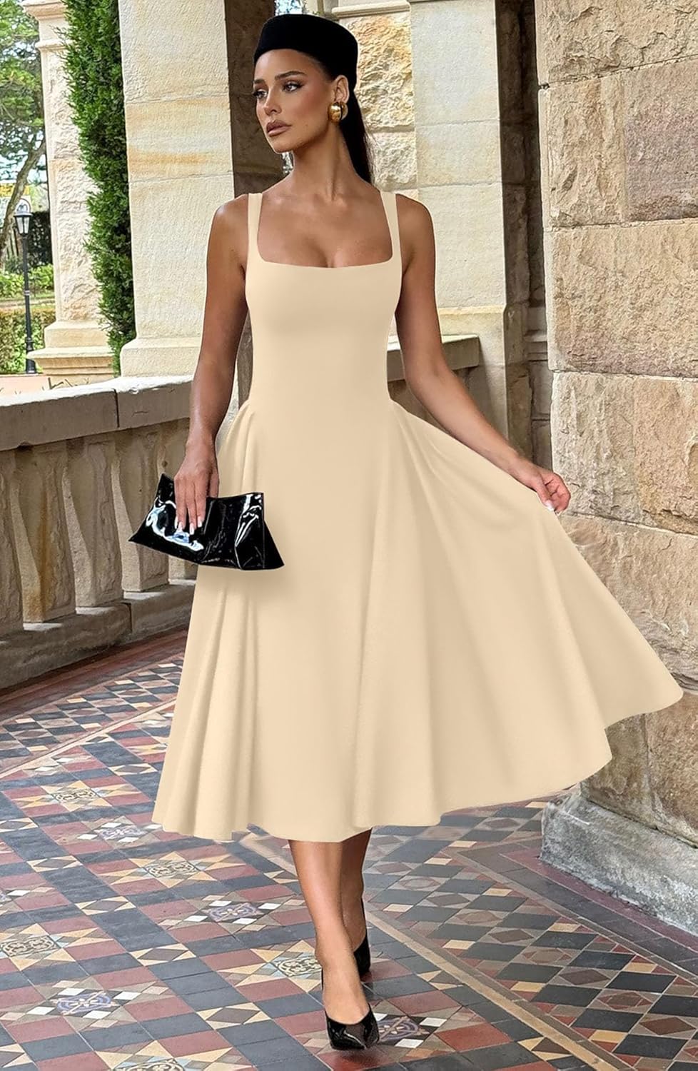 Memoriesea Women's Elegant Square Neck Swing A Line Wedding Evening Party Midi Dress - Image 6