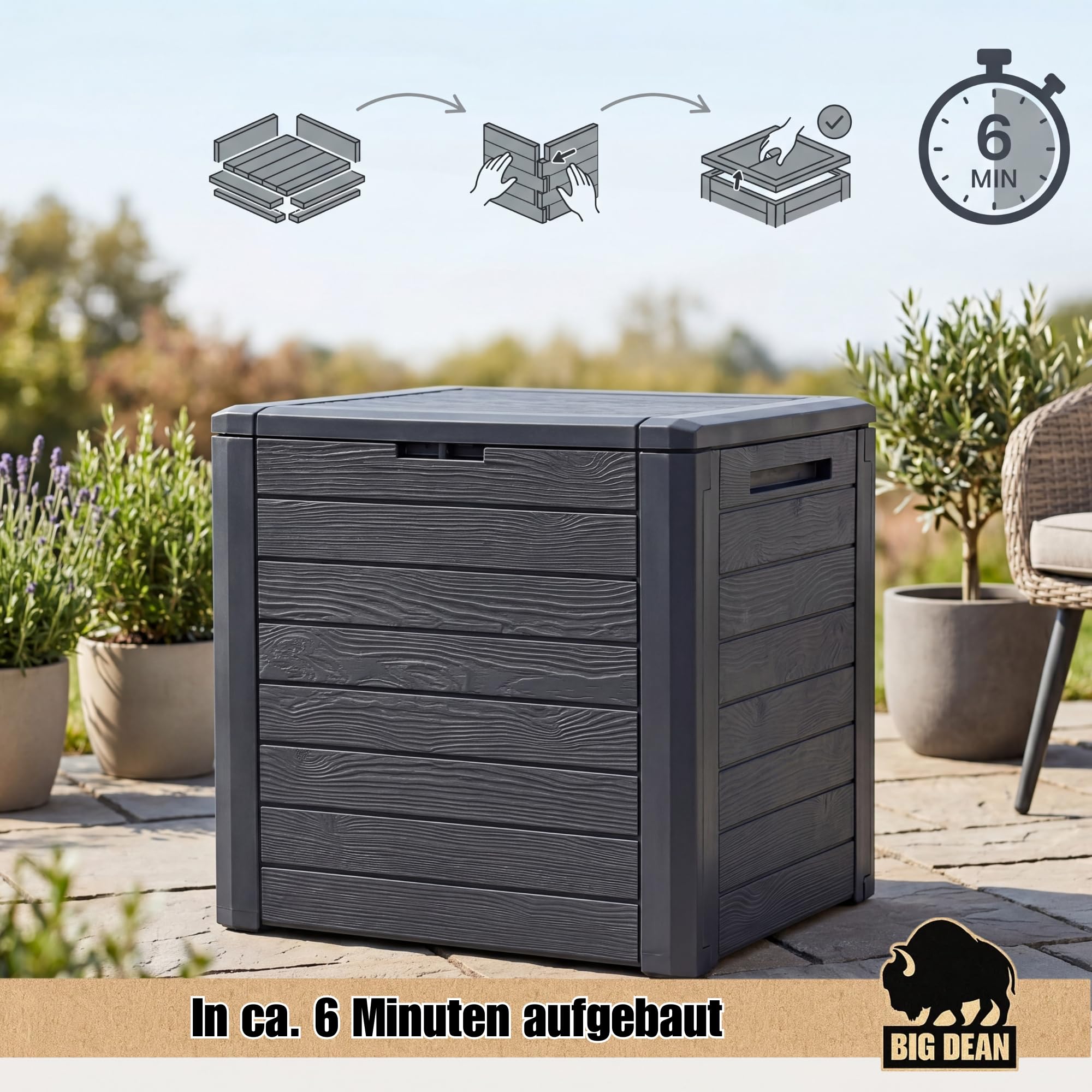 BigDean Gartenbox klein kompakt 140 Liter ideal für Balkon und kleine Flächen, Holzoptik Auflagenbox