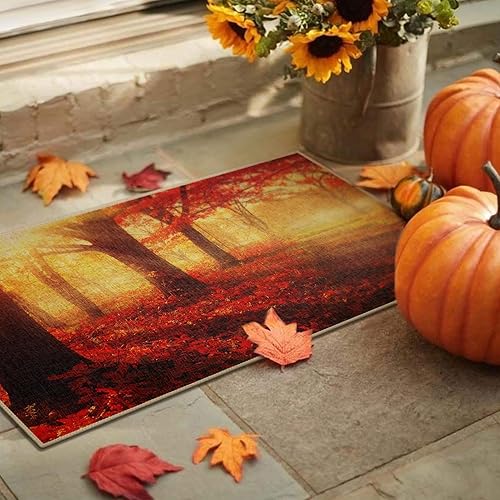 Miniatura 5 de Tapete de otoño para puerta delantera, diseño de árboles y hojas, bosque brumoso, luz solar, rayos del sol, tapete para entrada al aire libre,