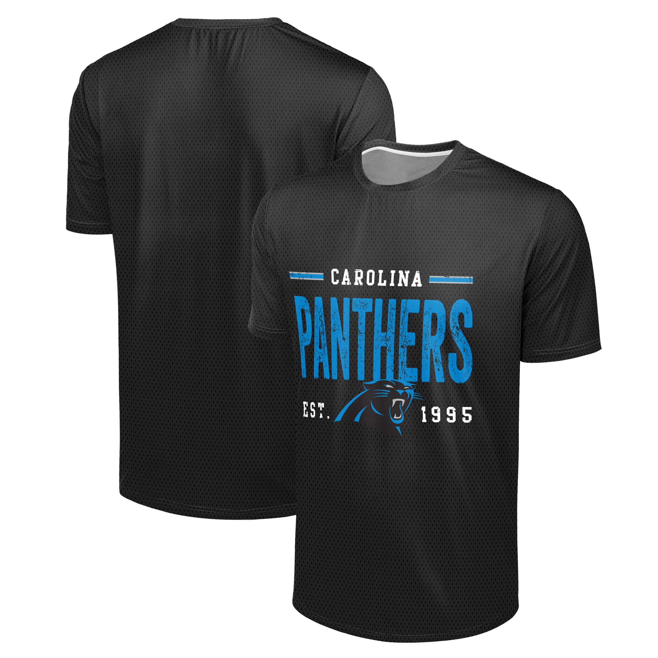 FOCO NFL Men's Officially Licensed Football Team Logo Wordmark Distressed Performance Team Color Crewneck T-Shirt, Carolina Panthers - Black, XXL