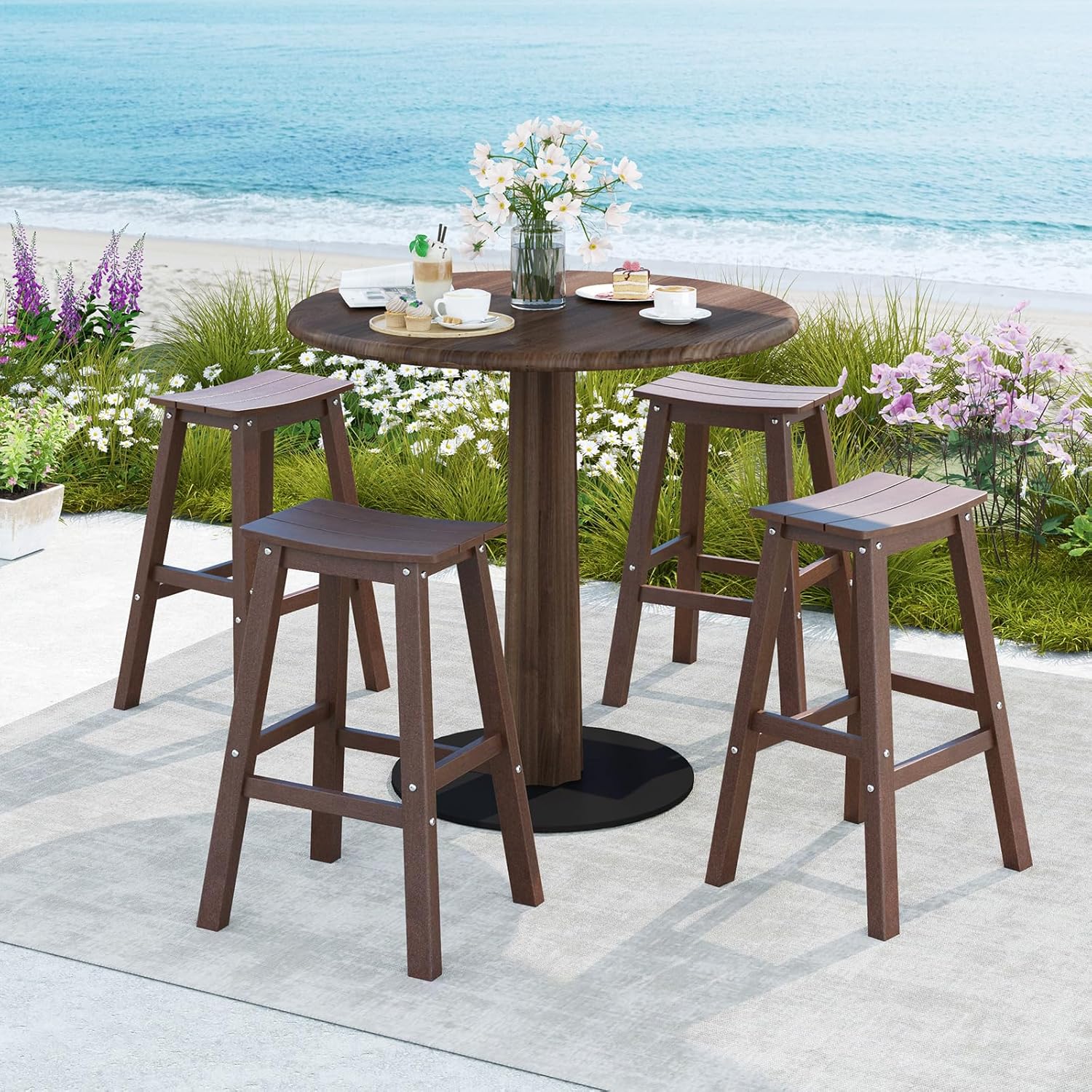 Tangkula Patio Bar Stools Set of 4, 29 Inch HDPE Bar Height Armless Saddle Stools with Curved Seat & Footrests, Outdoor Backless High-Top Slatted Barstools for Backyard, Lawn, Poolside (Brown)