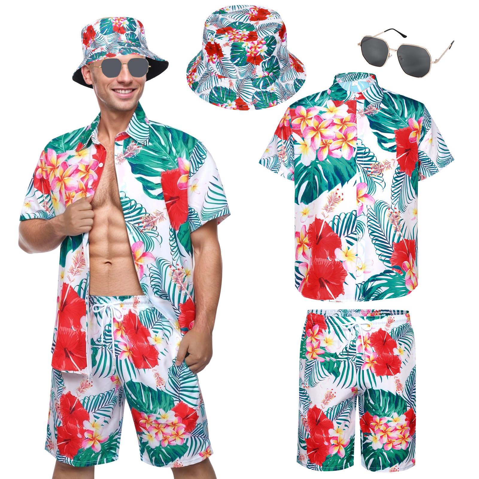 Set Camicia Hawaiana Uomo Completo - Con Pantaloncini, Cappello Da Pesca E Occhiali, Stampe Tropicali, Per Feste In Spiaggia - 4