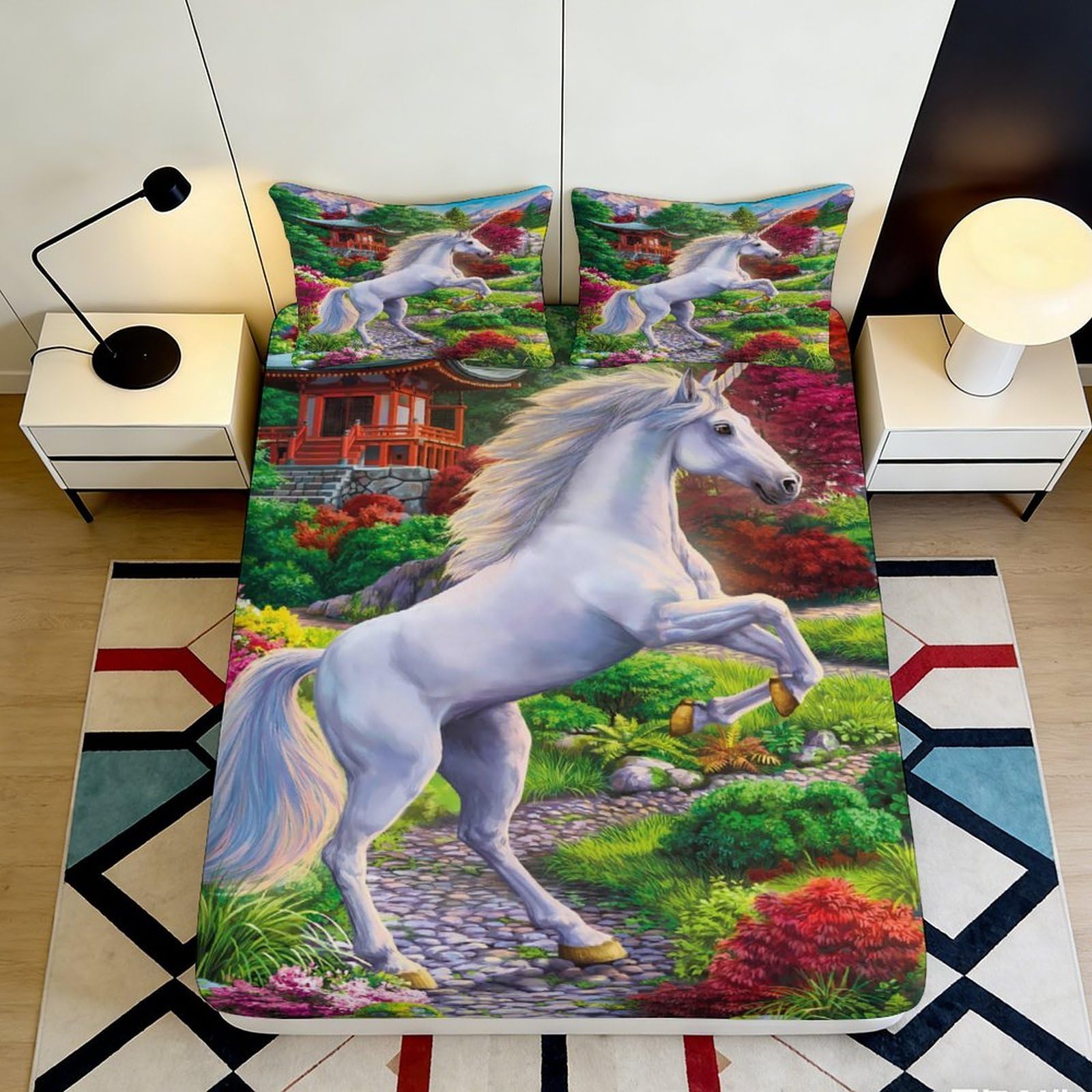 3D Printed Unicorn Fitted Sheet Microfiber Deep Pocket for Bedroom Bedding, Elastic Hem Unicorn Mattress Fitted Cover for Adult Teen 120x200x25cm