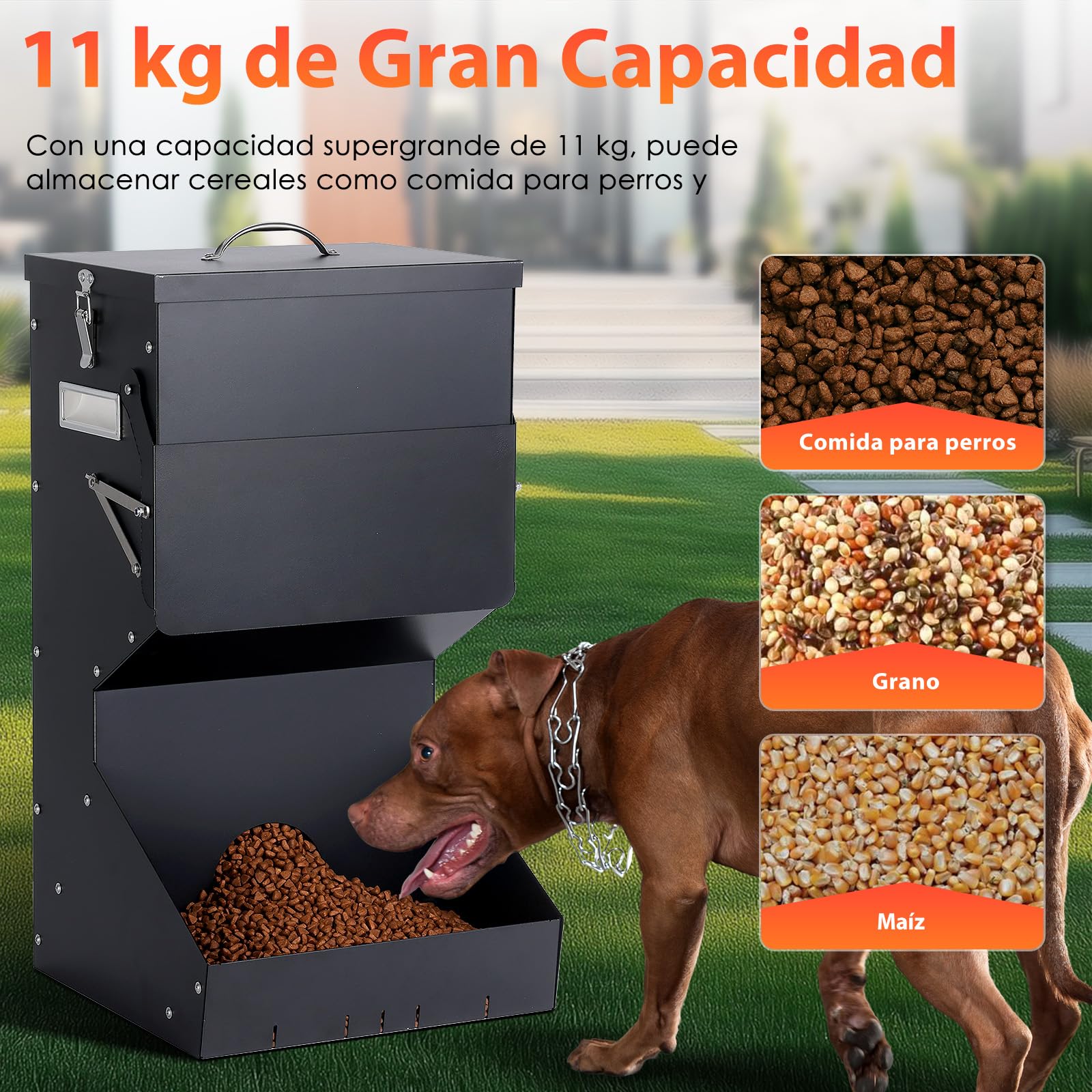 Alimentación automática para perros al aire libre colgando comida para mascotas de raza grande 11kg, comedero automático para perros de metal auto-alimentación comida para perros