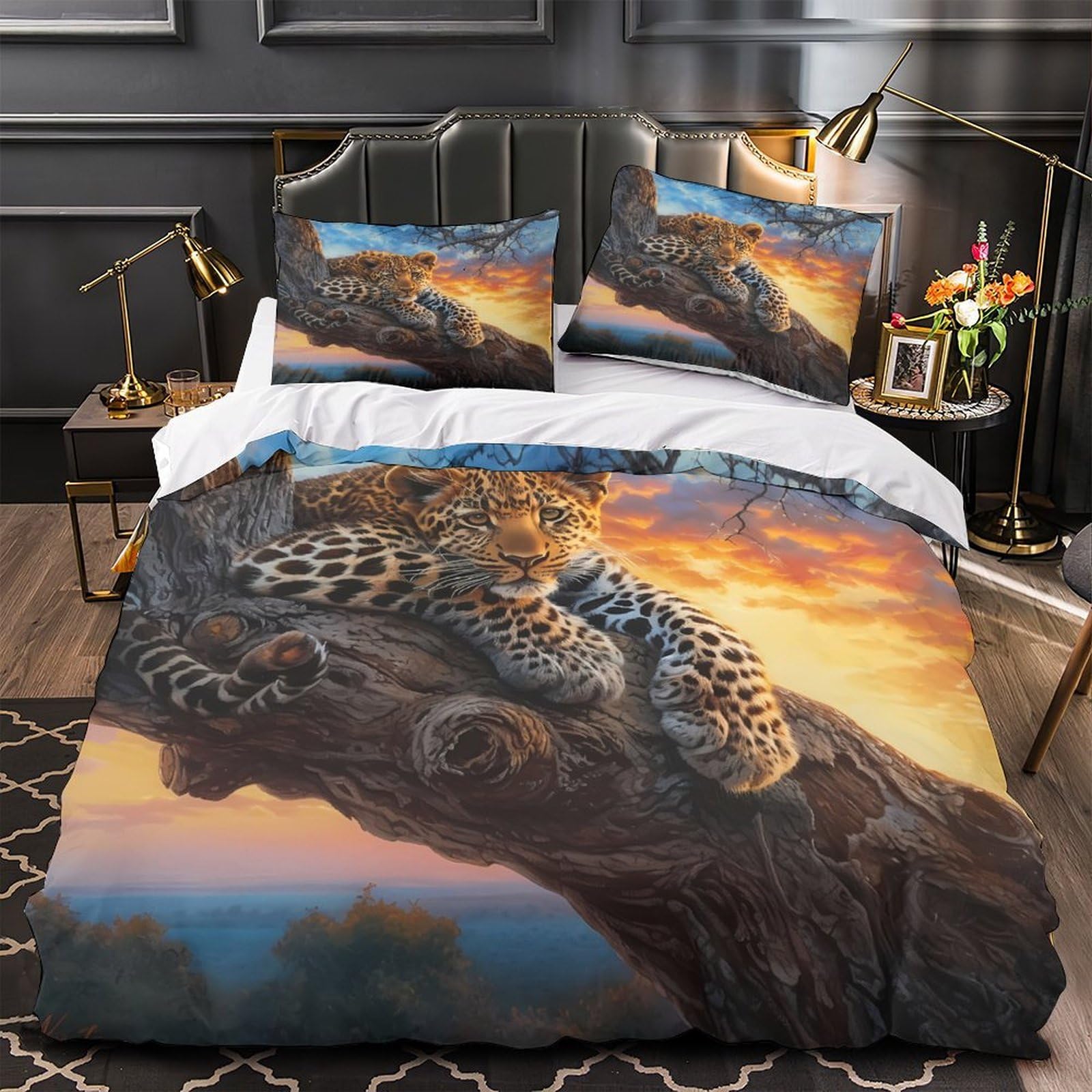 Housse de couette léopard 140x200cm en microfibre avec taie d'oreiller pour lit simple