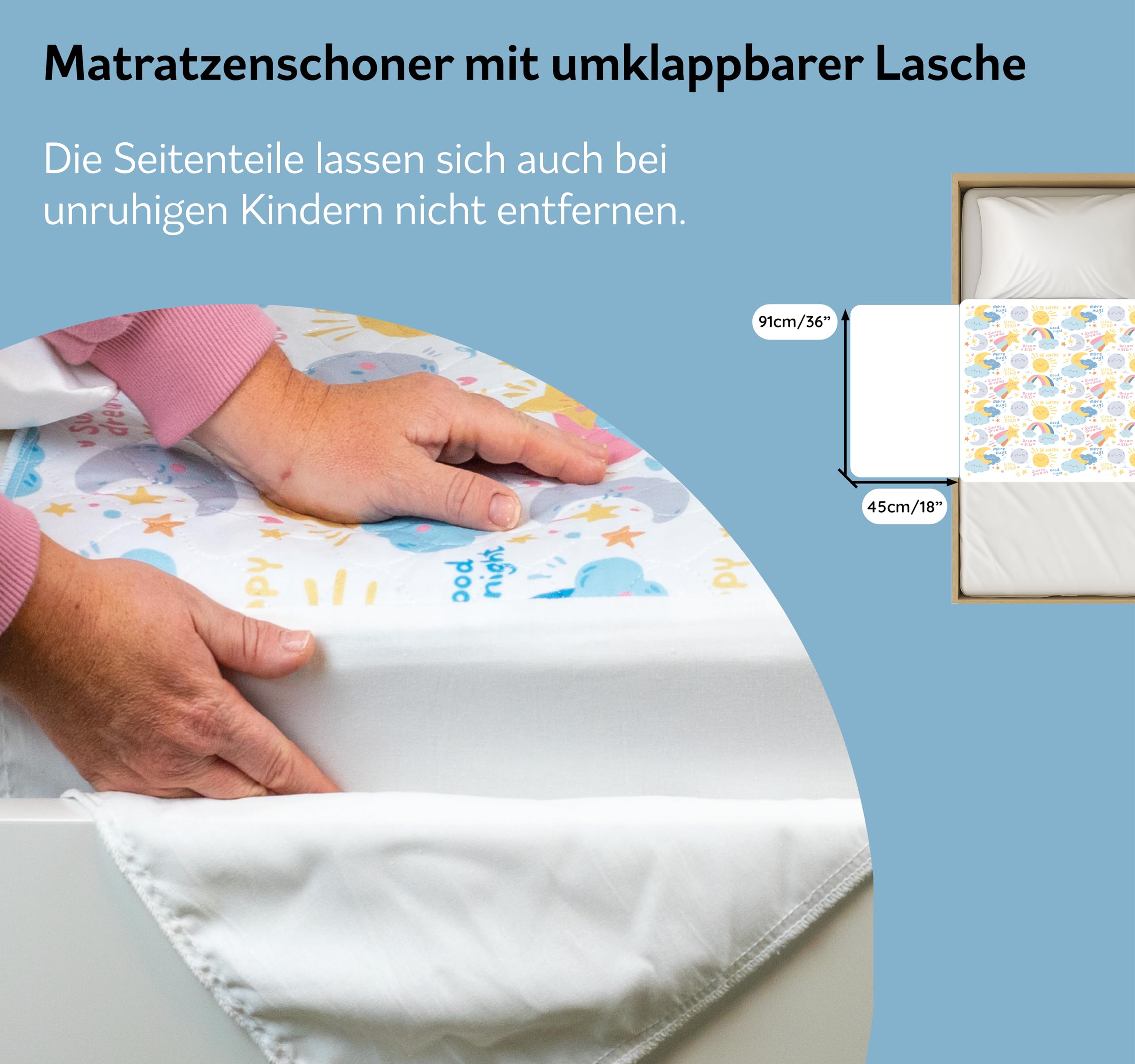 Waschbare Kinder-Bettauflage | Passend für Familien- und Doppelbetten | Wasserdichter Matratzenschoner bei Inkontinenz, atmungsaktiv mit Seitenfalten |2er-Pack Mond