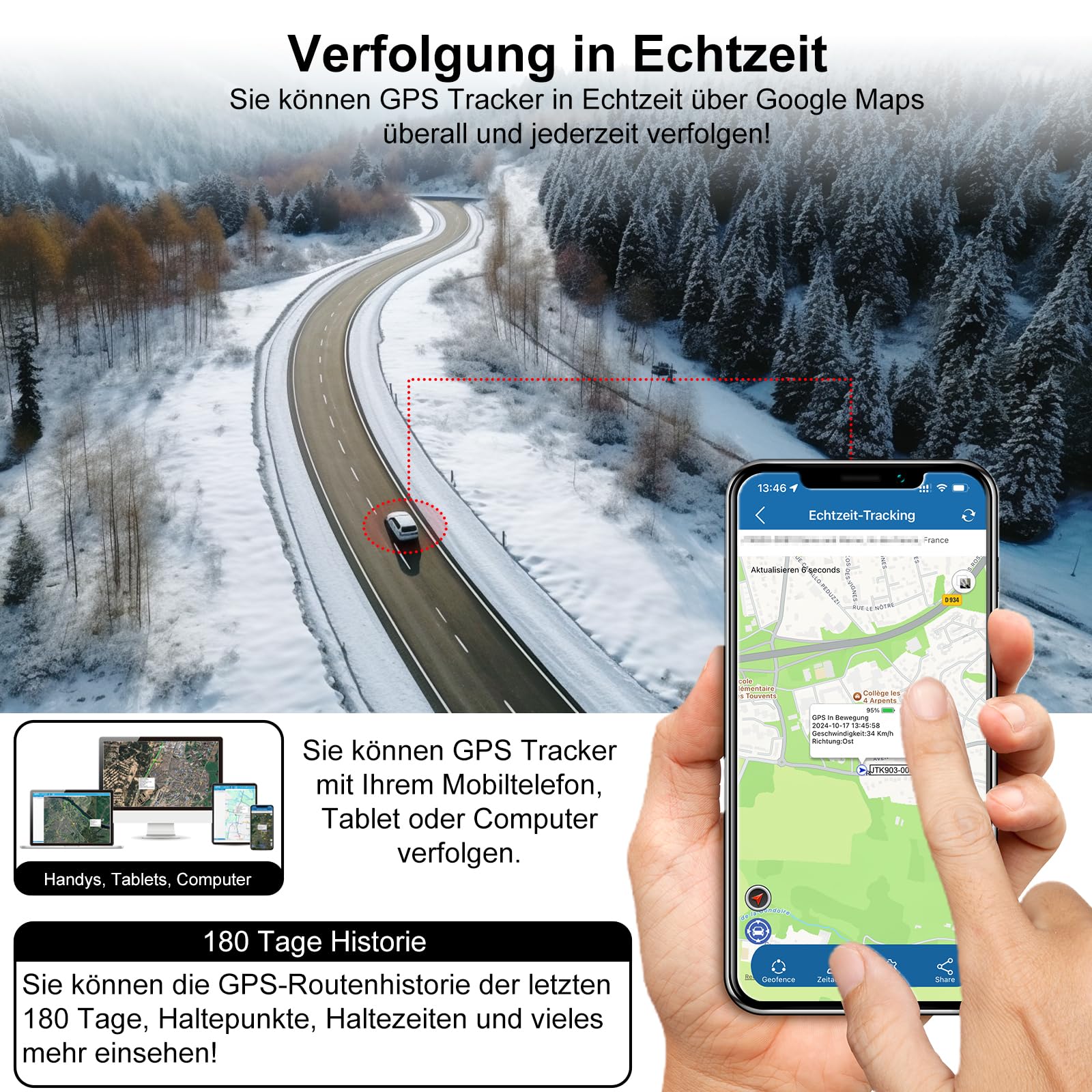 TKMARS GPS Tracker Ohne ABO GPS Tracker Auto 90 Tage Standby-Zeit, 5 Sekunden Zum Aktualisieren Der Position, Stark Magnetisch und Wasserdicht mit Kostenloser App, 5000mah