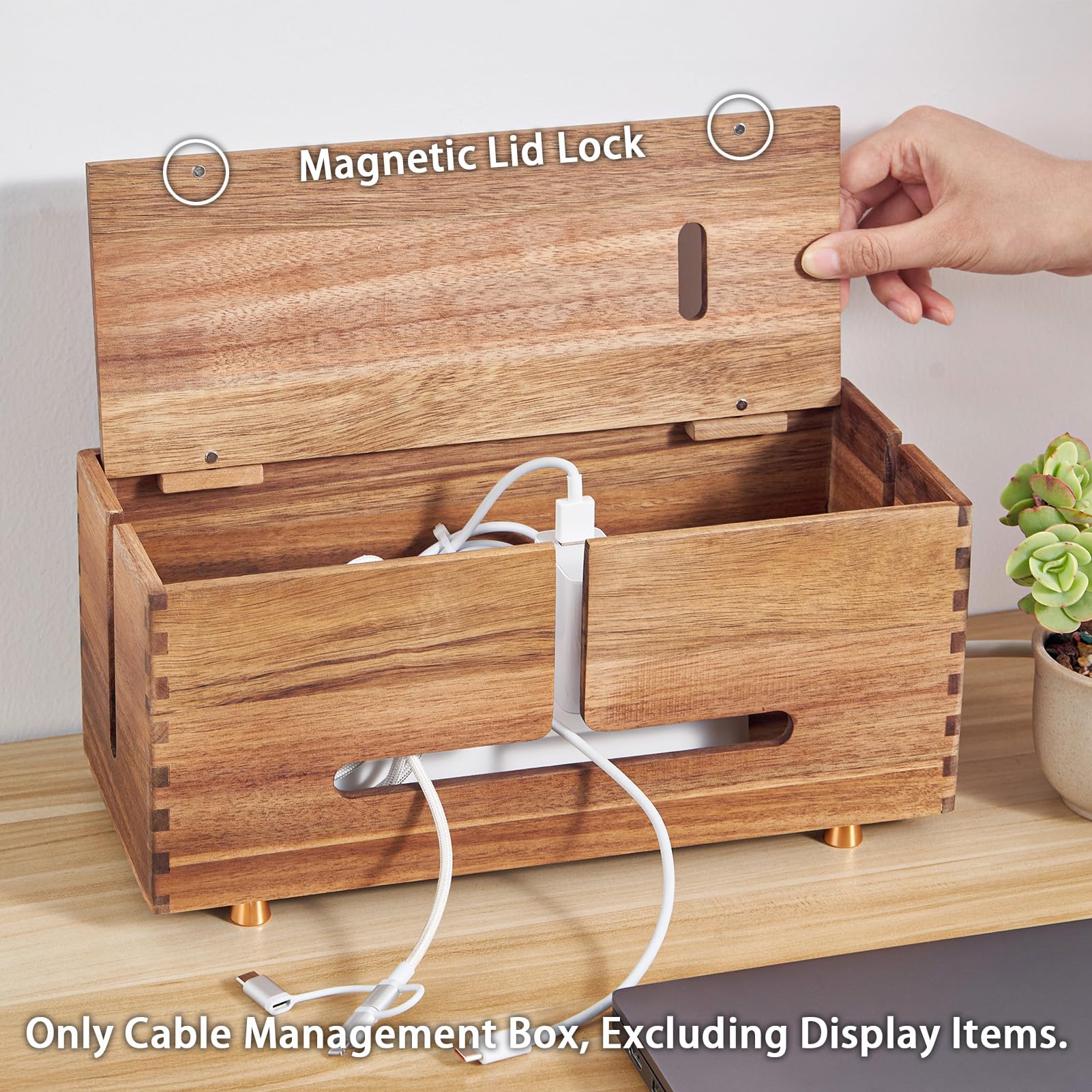 Caja de gestión de cables de madera de acacia, ocultador de cables de madera con 4 pies de metal, organizador para escritorio y suelo, tira de alimentación, corrector de cables de TV, almacenamiento