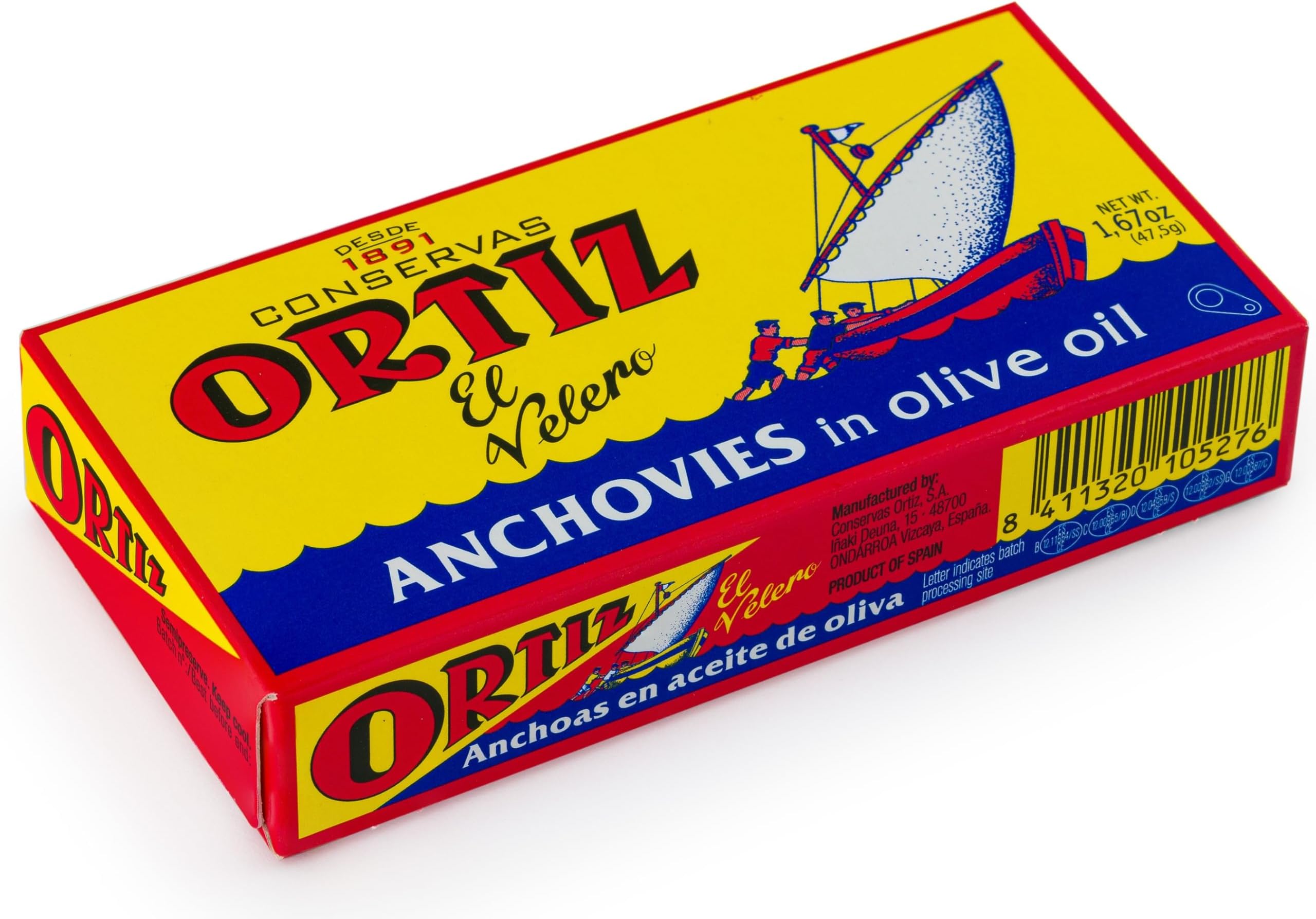 Ortiz Anchovies in Extra Virgin Olive Oil, Firm Buttery Fillets with a Rich Umami Taste, Wild Caught in Spain, Great for Pizza, Pasta and Caeser Salad, 1.67oz Can (Pack of 5)