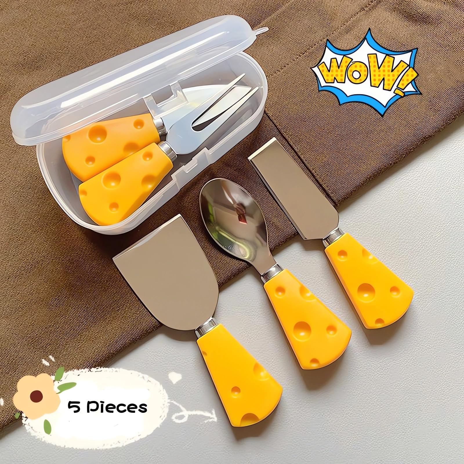 DIKIMO 5-Piece Portable Cheese Knives Set with Storage Box - Stainless Steel Cheese Spoon, Butter Knife, Fork & More - Perfect for Cheese Lovers, Parties, and Gifts (Yellow-5Pcs)
