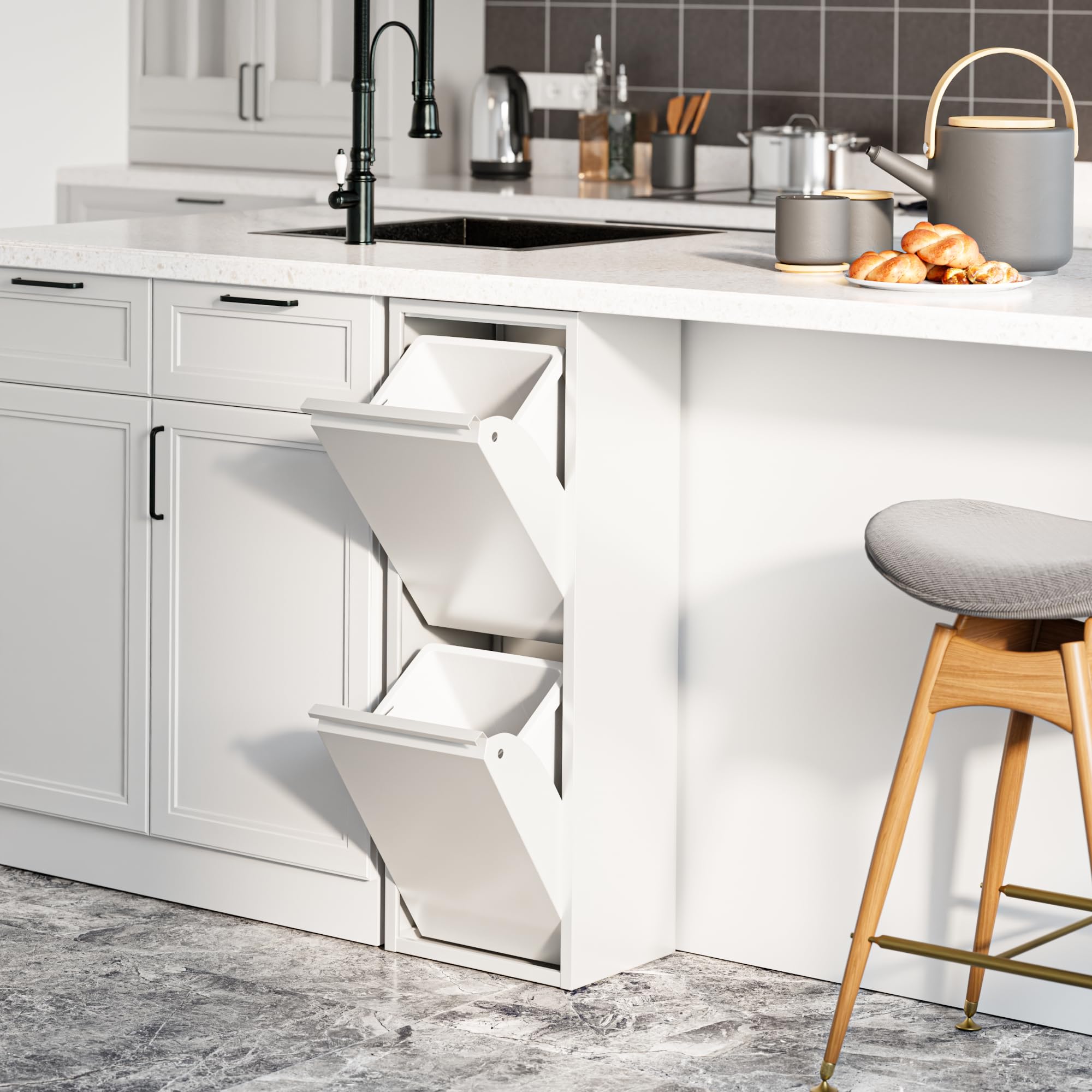 [en.​casa] Pattumiera Salvaspazio per Raccolta Differenziata Mobile a Colonna con 2 Scomparti Ribaltabili Cestini a 14 L Rimovibili 93 x 33 x 25 cm Bianco