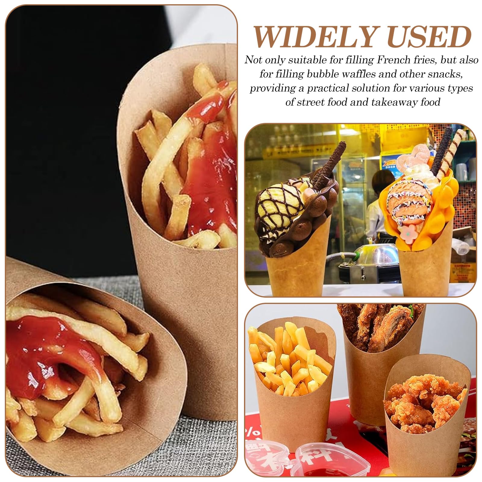 SPORWAY Sacs à frites en papier kraft : 100 pièces de 300 ml Sacs à gaufres à bulles pour frites, sac à frites en papier kraft, boîte à frites avec oblique, étanche et empilable pour frites, gaufres,