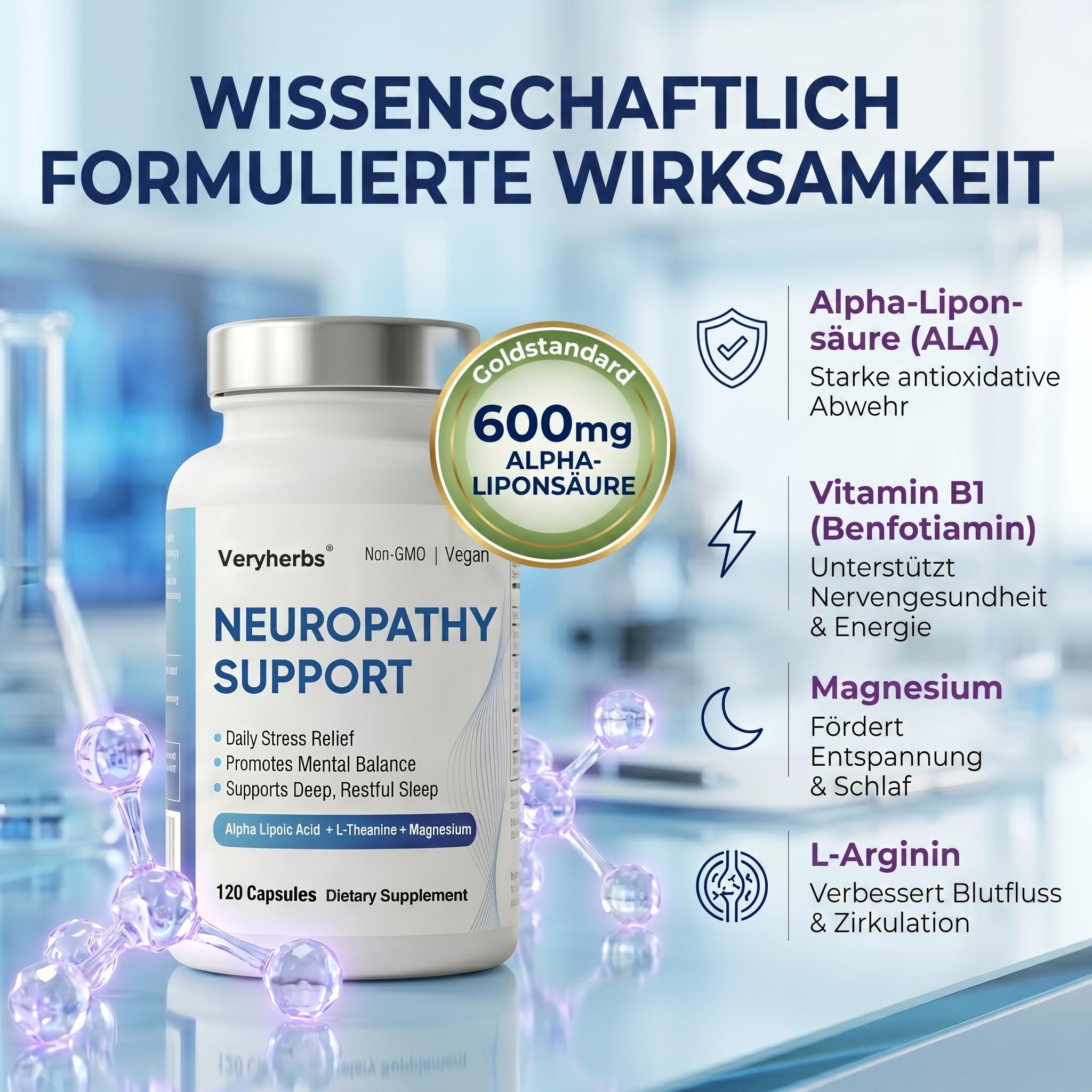 Nerve Support Supplement - Alpha-Liponsäure (Alpha Lipoic Acid) 650mg | Hochdosiert zur Unterstützung Nervensystem, Fortschrittliche Formel für Komfort an Händen, Füßen und Zehen, 120 Kapseln