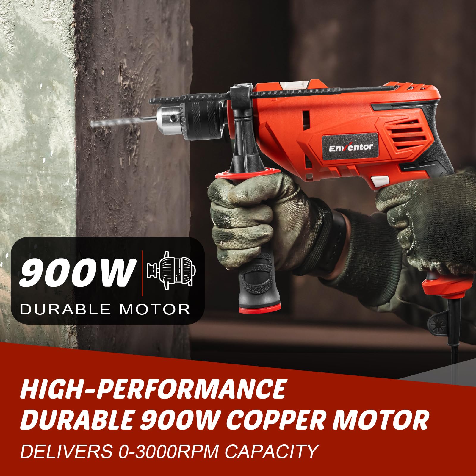 ENVENTOR Perceuse à Percussion Filaire 900W, Perceuse électrique avec 36 Accessoires, Fonction 2 en 1, 0-3000 tr/min, Poignée Rotative à 360°, mandrin de perçage 13 mm, pour Béton, Métal et Bois