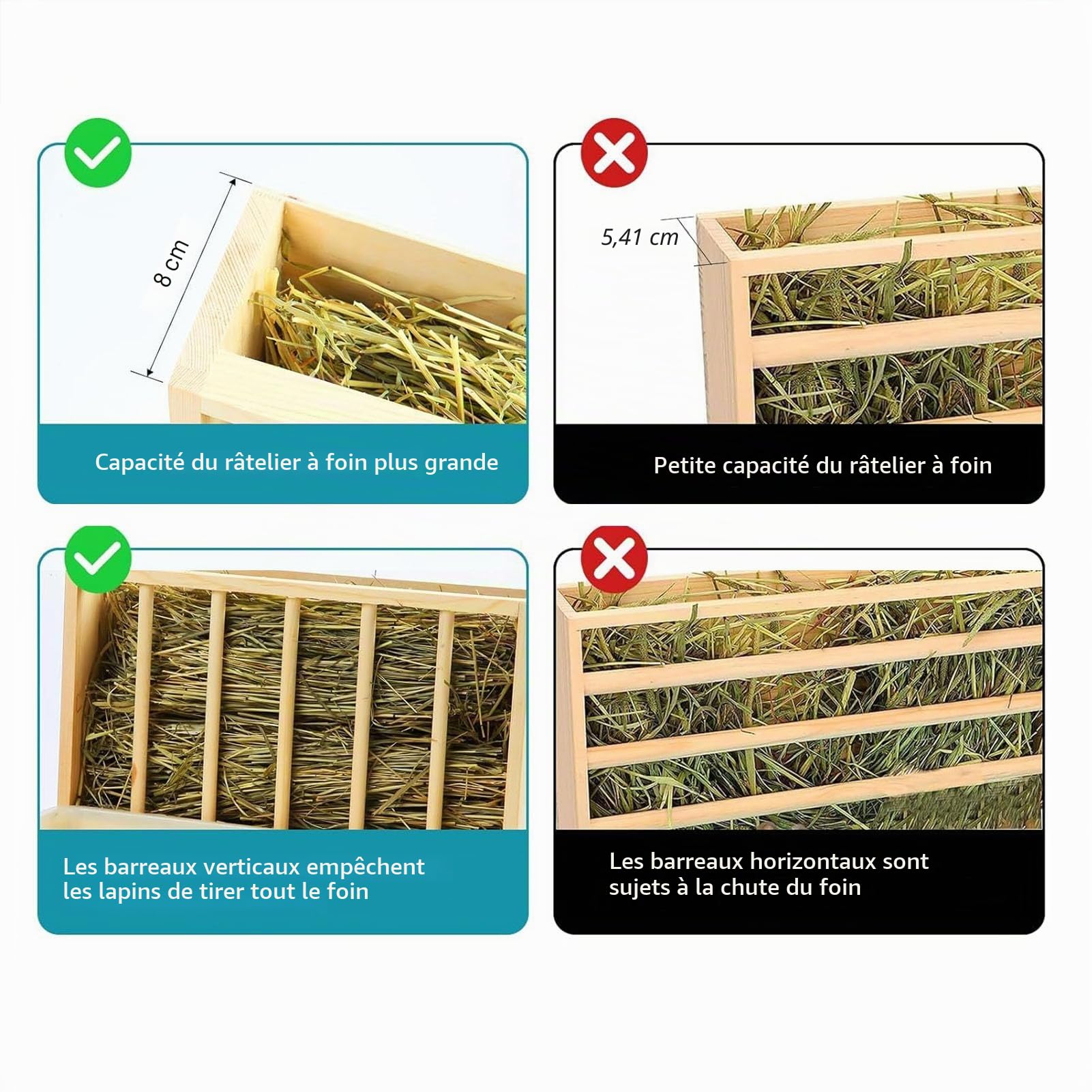 Mangeoire à Foin pour Lapin, Support à Foin en Bois avec Bac à Litière, 2 Bols, Mangeoire pour Lapins, Chinchillas, Hamsters, Petits Animaux, en Acier Inoxydable, Anti-désordre