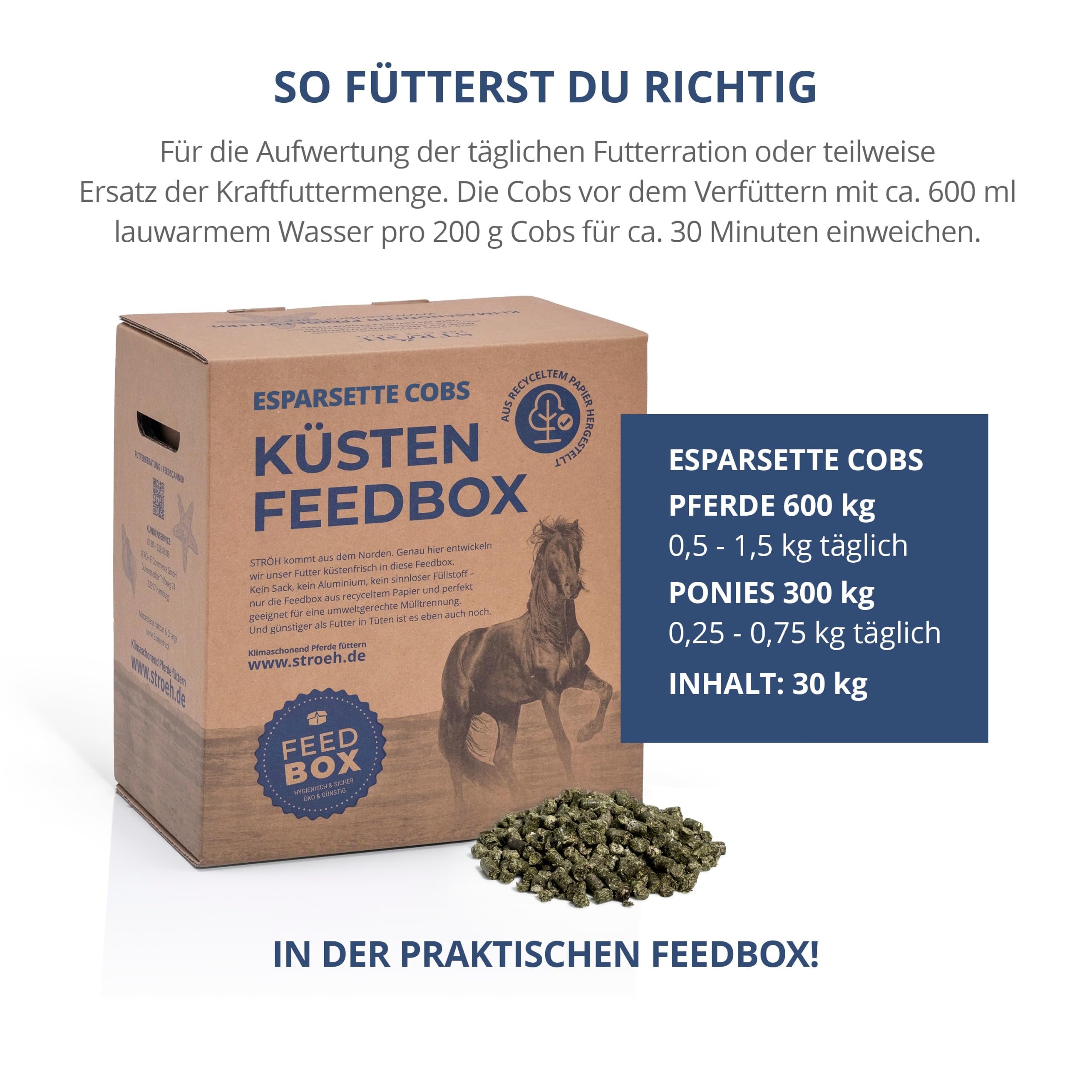 STRÖH Küsten Esparsette Cobs für Pferde - Rau-/Kraftfutter - 30kg Feedbox | Natürlicher Proteinlieferant - Heuersatz mit Aminosäuren, Calcium & Vitaminen - Ohne Stärke & Melasse - Magenfreundlich