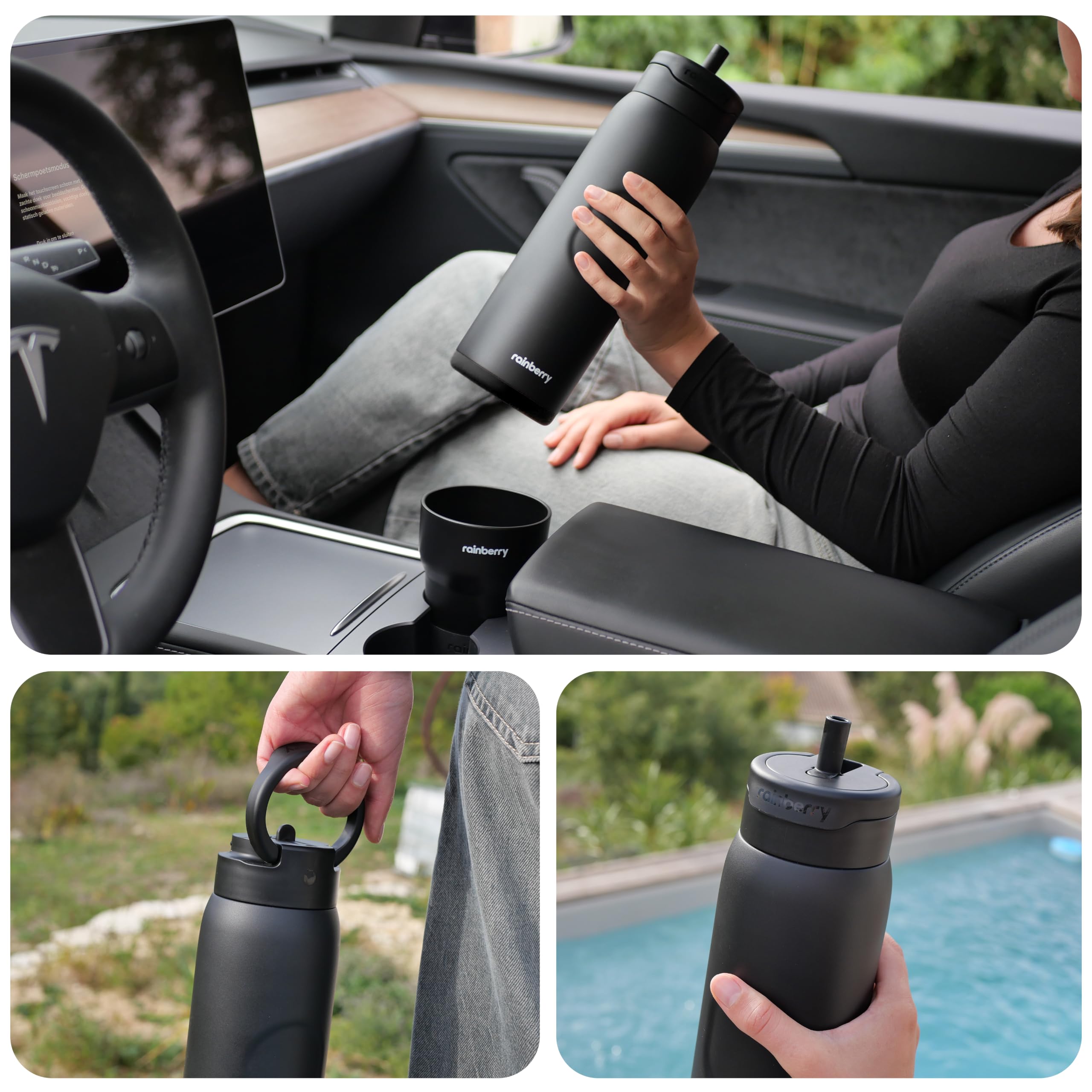Isolierte 1,2L Edelstahl Trinkflasche/Wasserflasche mit Strohhalmdeckel, doppelwandig vakuumisoliert, klappbarem Griff & Auto-Getränkehalter Adapter (Schwarz)