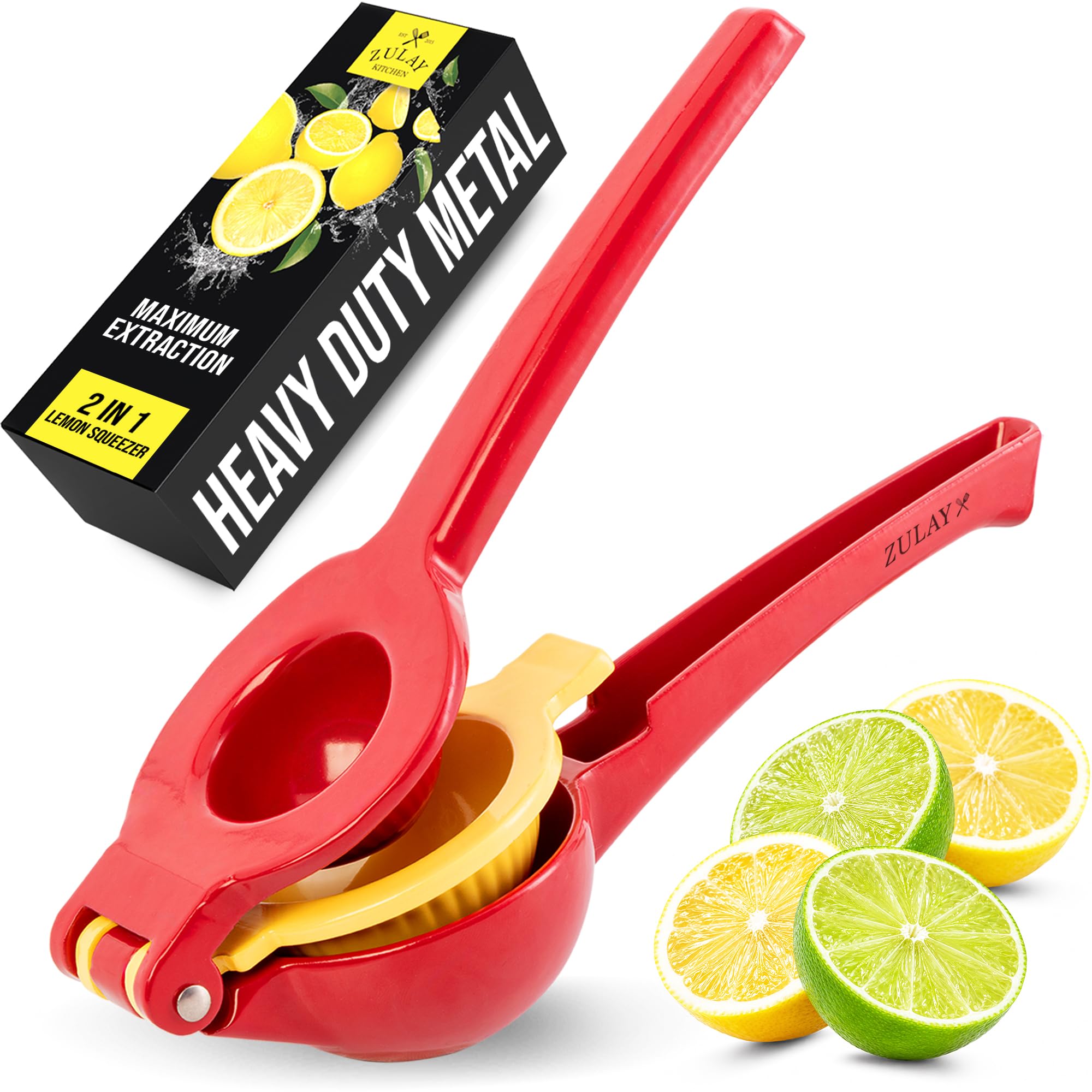 Zulay Kitchen Metal 2-in-1 Lemon Squeezer - Sturdy Max Extraction Hand Juicer Lemon Squeezer Gets Every Last Drop - Easy to Clean Manual Citrus Juicer - Easy-Use Lemon Juicer Squeezer - Red/Yellow