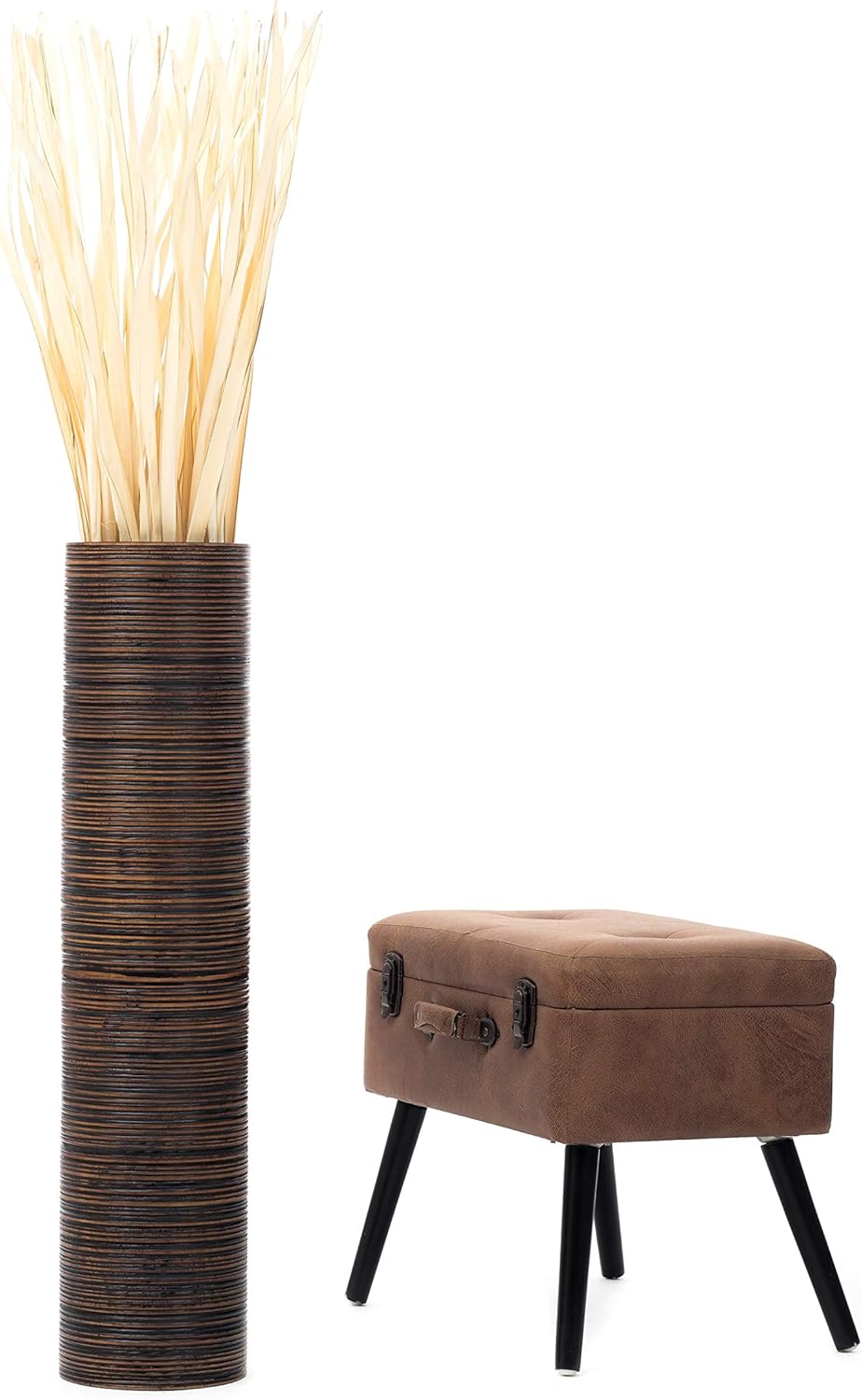 Leewadee Large Brown Home Decor Floor Vase – Wooden 36 inches Tall Farmhouse Decor Flower Holder for Fake Plant and Pampas Grass