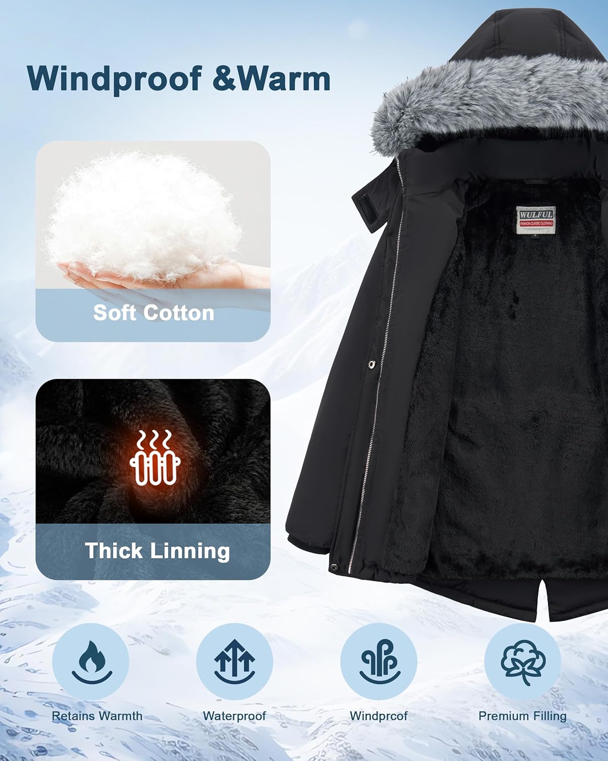 WULFUL Girl’s Winter Parka Coat Long Waterproof Warm Fleece Puffer Jacket - Image 4