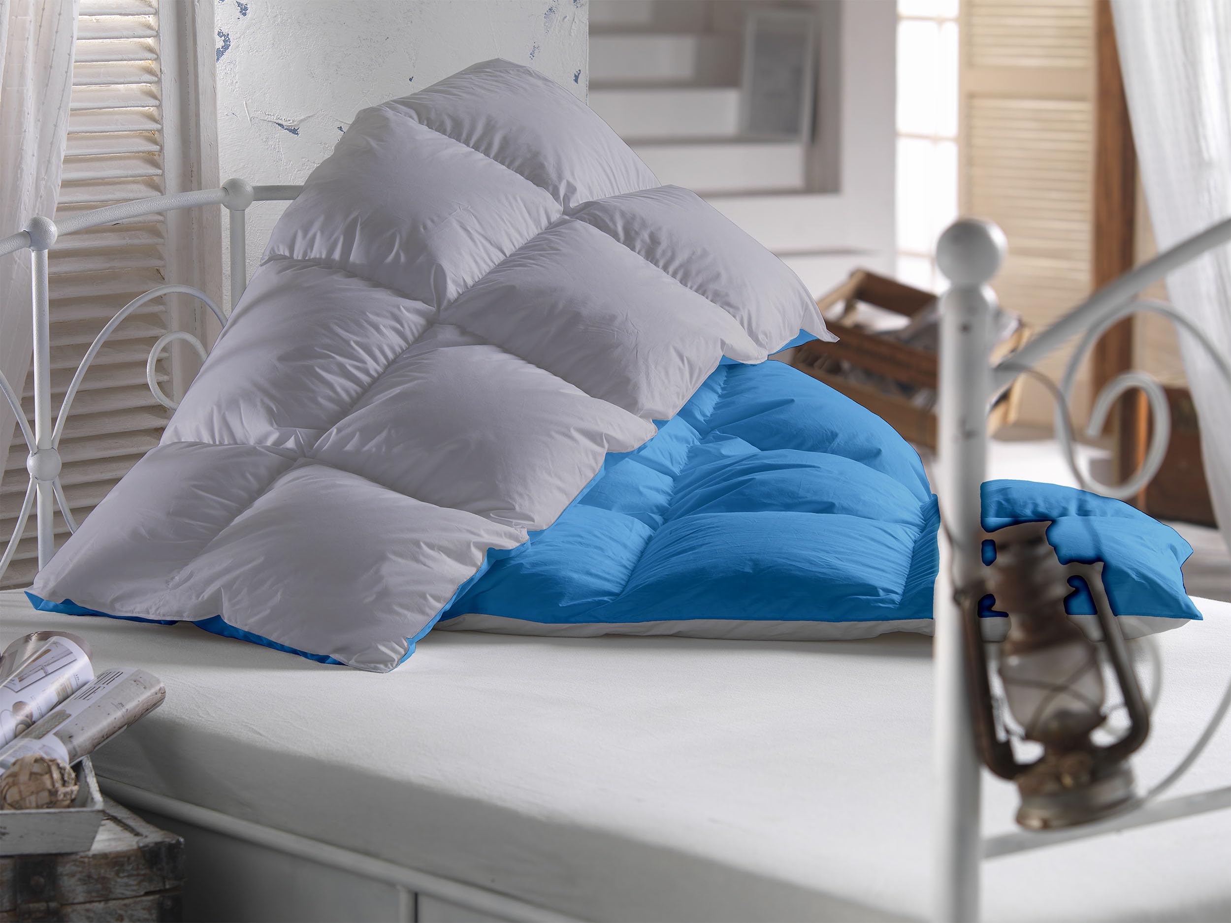 IlGruppone Piumino invernale in Piuma d'Oca 90/10 Double Face piumone caldo trapuntato trapunta 300 gr/mq Inverno - (Azzurro/Grigio, Matrimoniale)