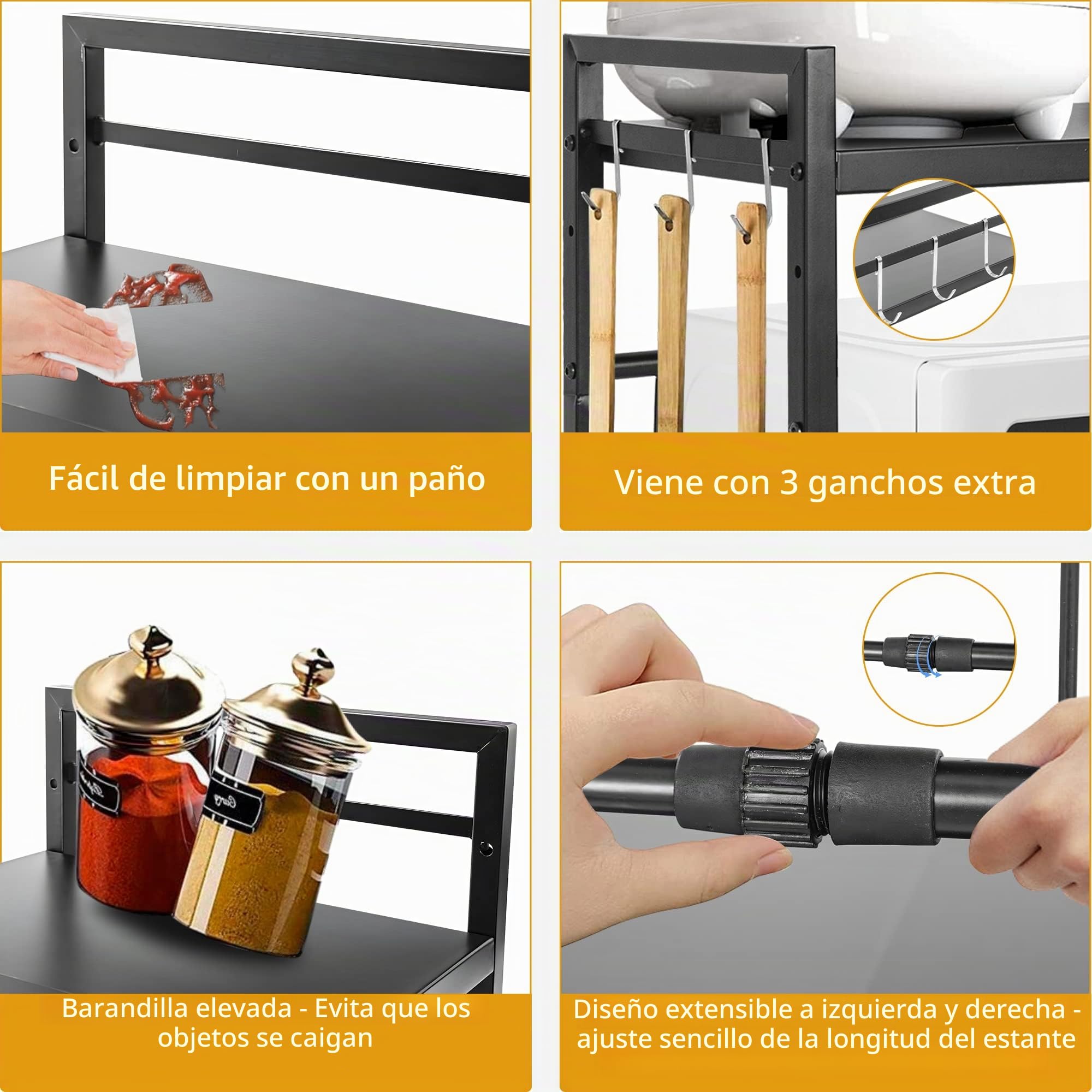 OUUTMEE Estantería expandible para microondas, estantería para microondas ajustable en altura de acero al carbono, organizador de mesa de cocina plegable para tostadora (negro de 3 niveles)