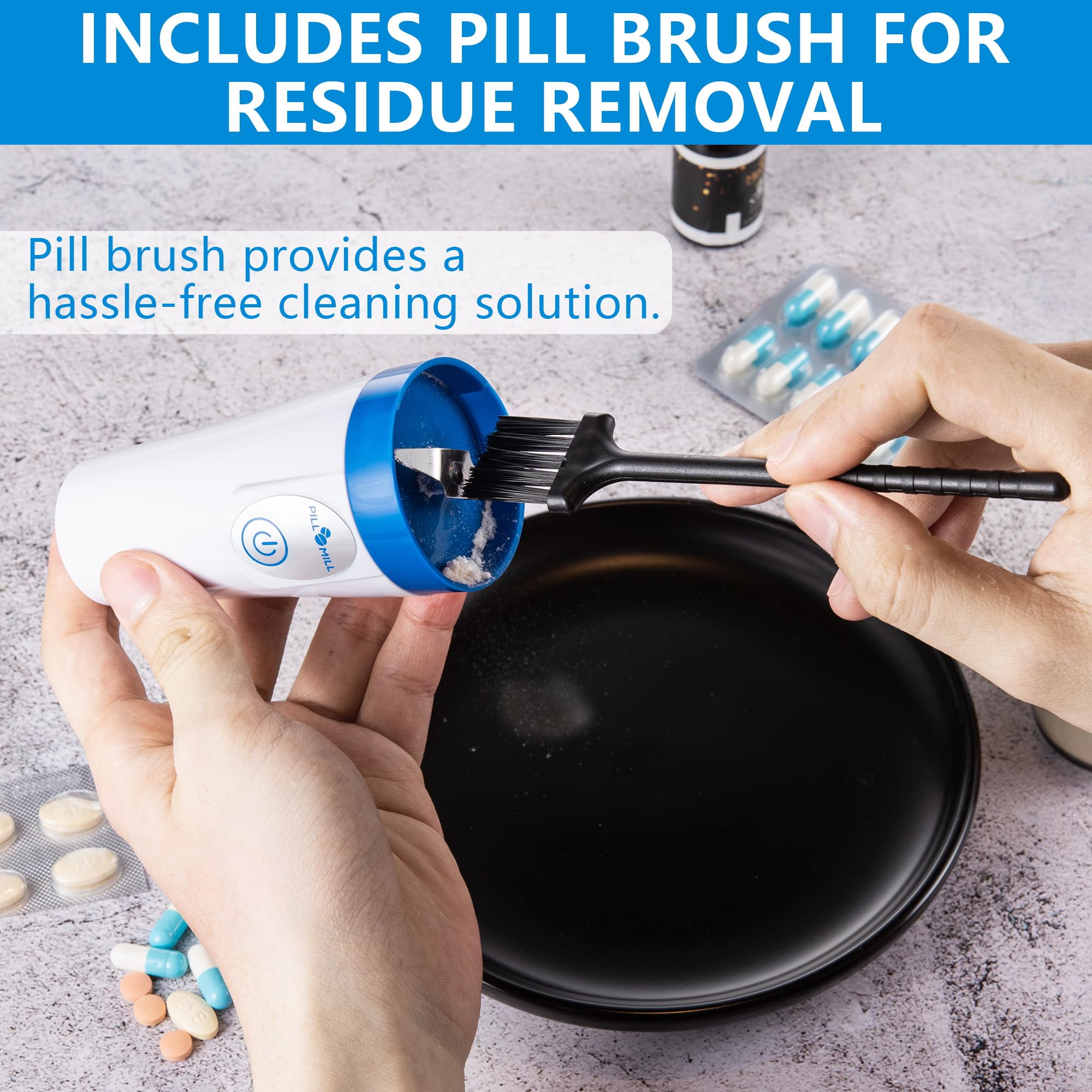 Broyeur de Comprimés Electrique de Petite Taille - Facile à Transporter, Compact Pulvérisateur Electronique de Poudre Fine pour les Petits et Grands Comprimés de Médicaments, Brosse Incluse