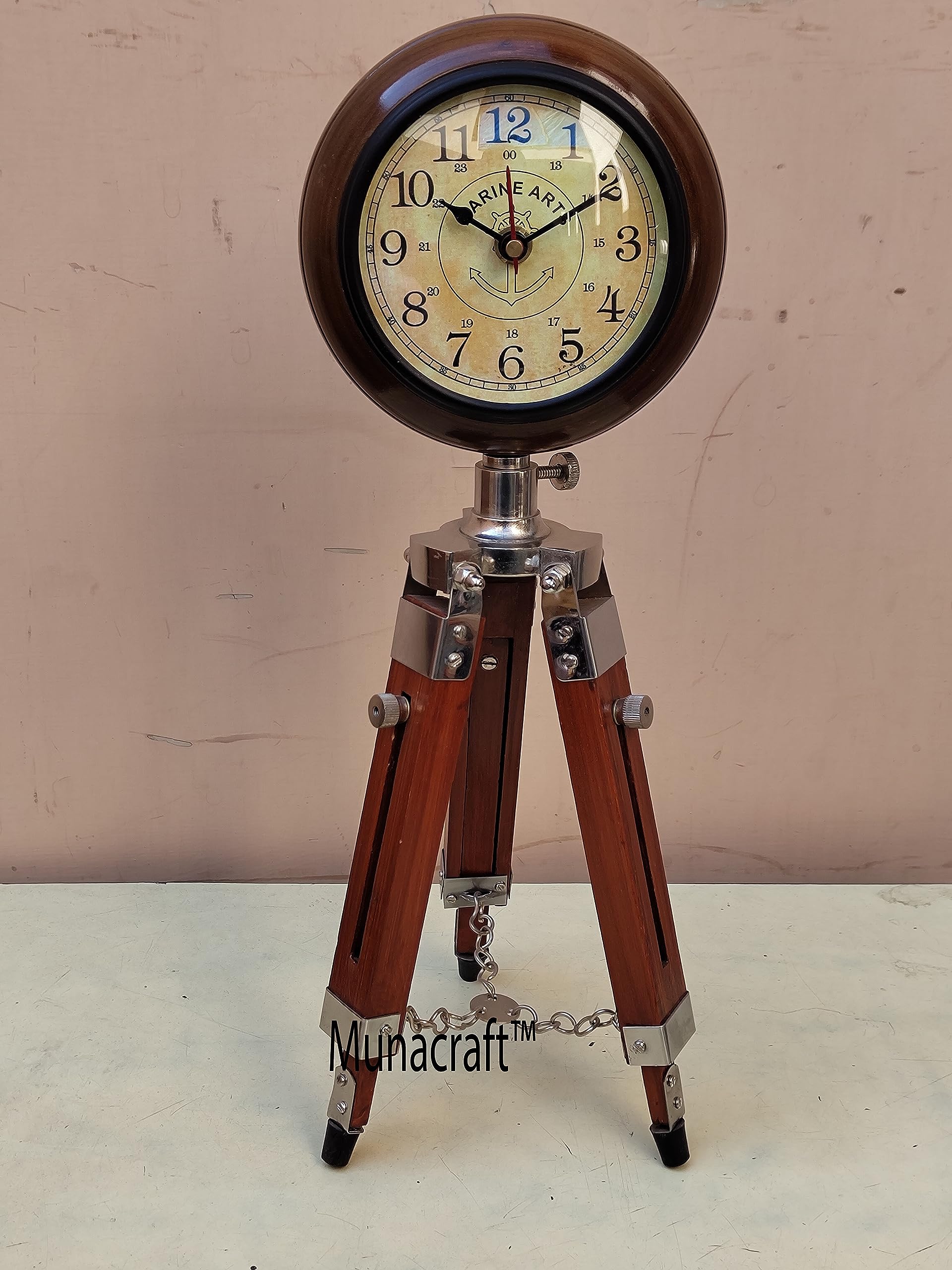 Munacraft Wooden Tripod Stand Clock Antique Look Table Clock