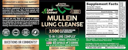 Vista 2 de Mullein Lung Detox - Mullein Leaf Extract - Marshmallow Root Echinacea Oregano Quercetin NAC - 15-in-1 Lung Support & Cleanse for Smokers